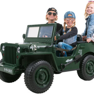 Jeep Willys Kinder-Elektroauto, 3 Sitze und 3 Gurte, Schaufel, Ersatzrad, Federung, Allrad 4x4, LEDs