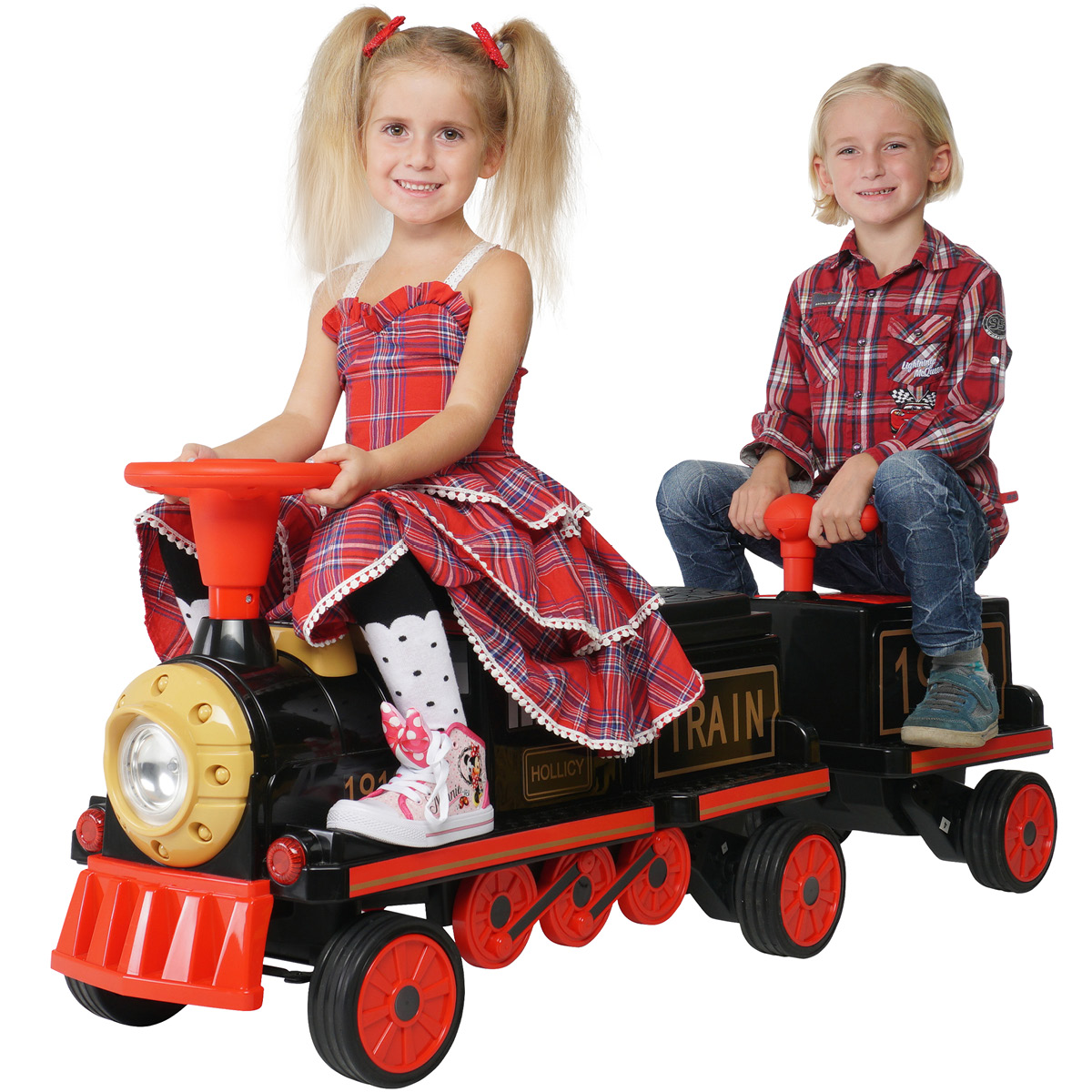 Kinder-Elektrozug mit Anhänger, elektrische Eisenbahn, 3 Sitzplätze, 5 km/h, Soft-Start, 180 Watt