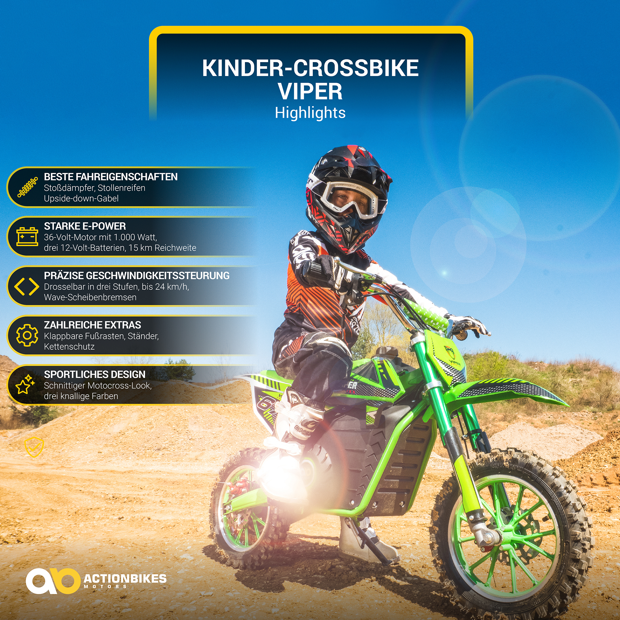Kinder-Crossbike Viper, Elektro-Kindermotorrad, 1000 Watt, bis 24 km/h, Scheibenbremsen, ab 8 Jahren – Bild 2