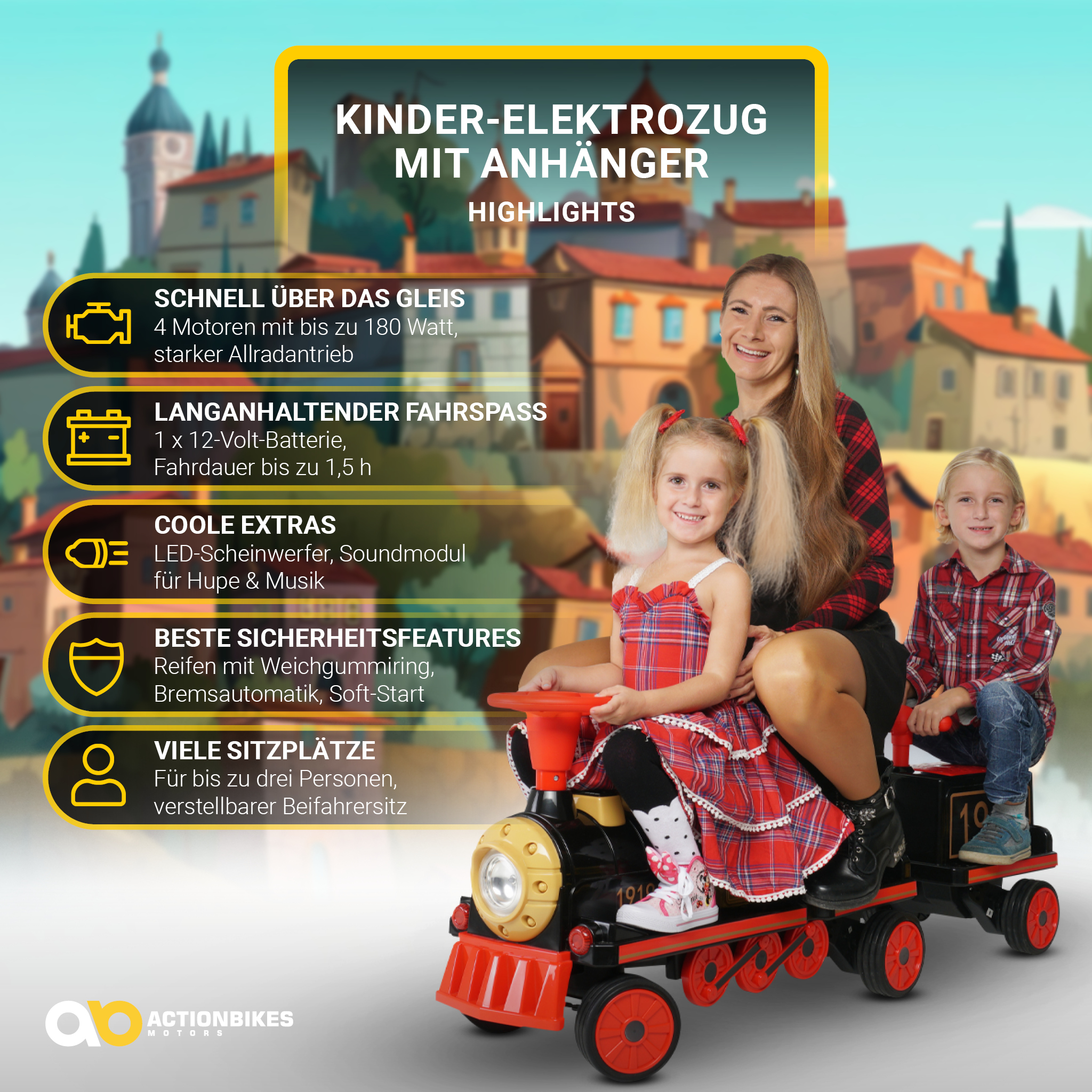 Kinder-Elektrozug mit Anhänger, elektrische Eisenbahn, 3 Sitzplätze, 5 km/h, Soft-Start, 180 Watt – Bild 17