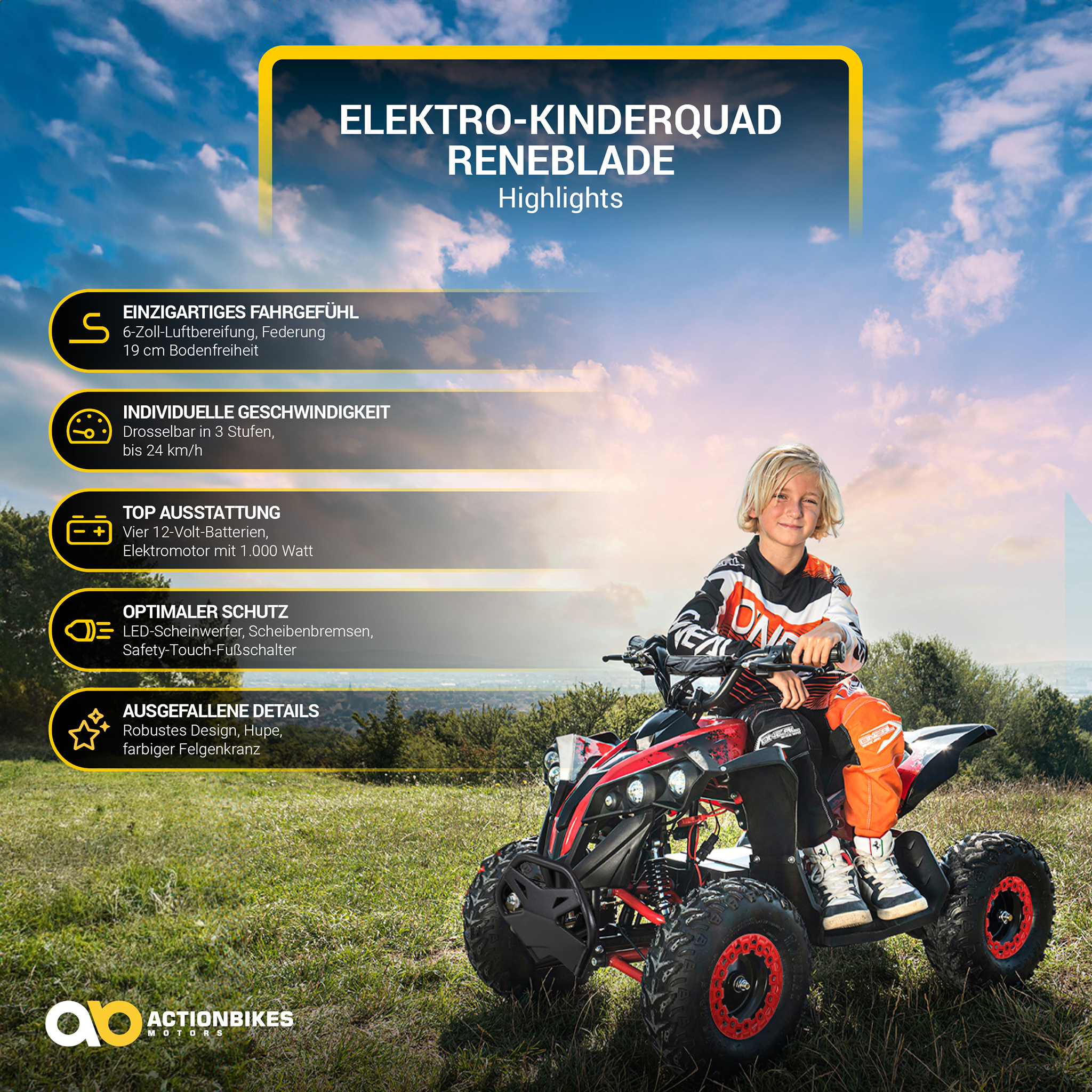 Elektro-Kinderquad Reneblade, Mini-Quad mit 1000 Watt, Federung, Scheibenbremsen, drosselbar, LEDs – Bild 2