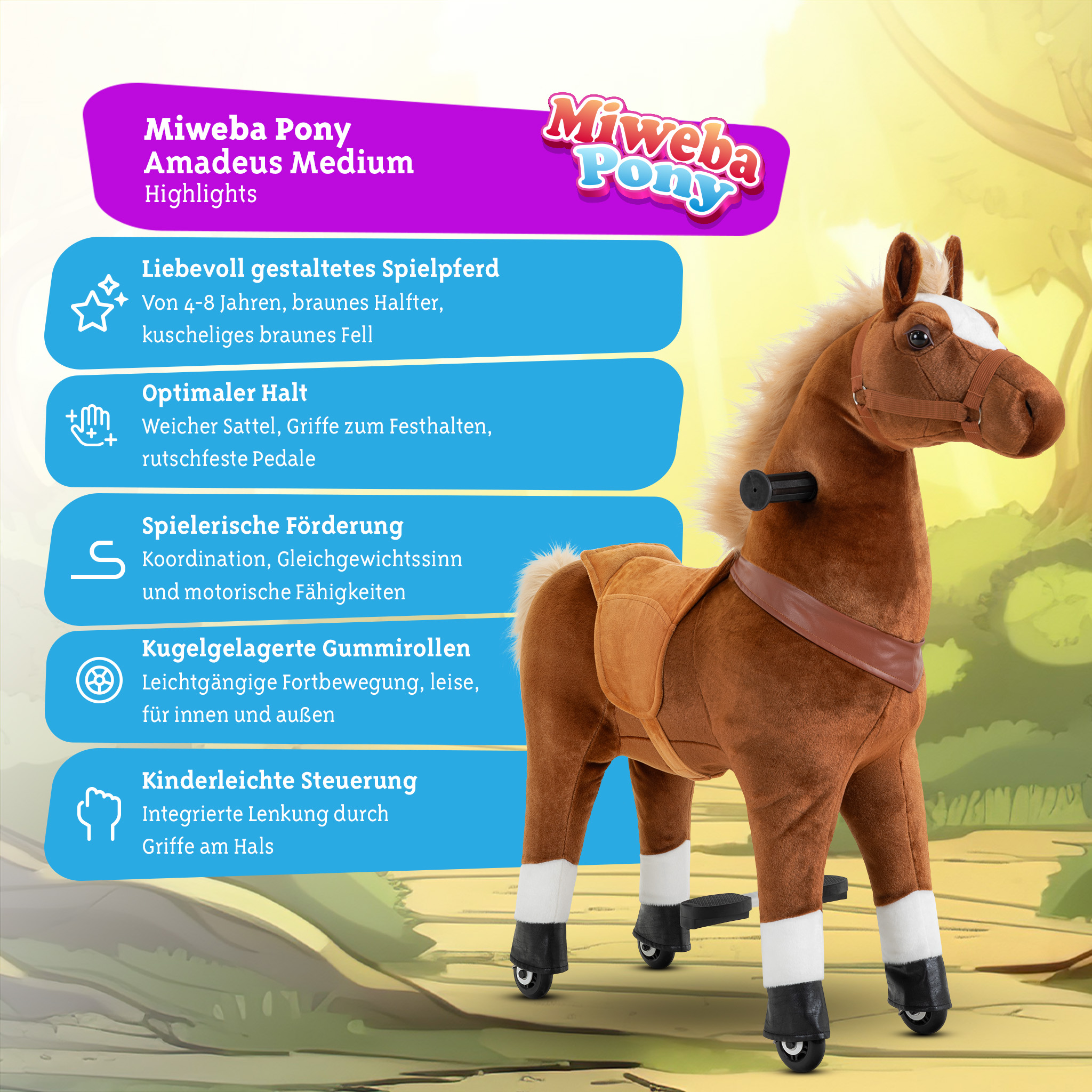 Pony Amadeus, Medium, Spielpferd zum Reiten, 4-8 Jahre, integrierte Lenkung – Bild 2