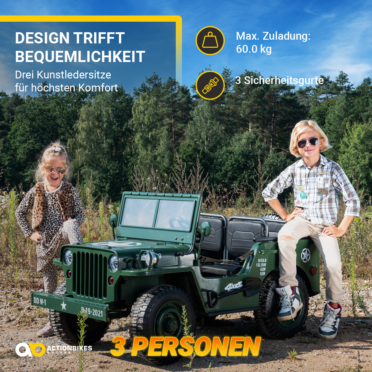 Jeep Willys Kinder-Elektroauto, 3 Sitze und 3 Gurte, Schaufel, Ersatzrad, Federung, Allrad 4x4, LEDs – Bild 3