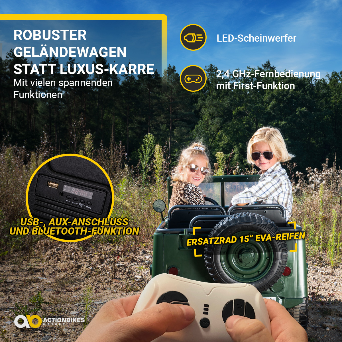 Jeep Willys Kinder-Elektroauto, 3 Sitze und 3 Gurte, Schaufel, Ersatzrad, Federung, Allrad 4x4, LEDs – Bild 4