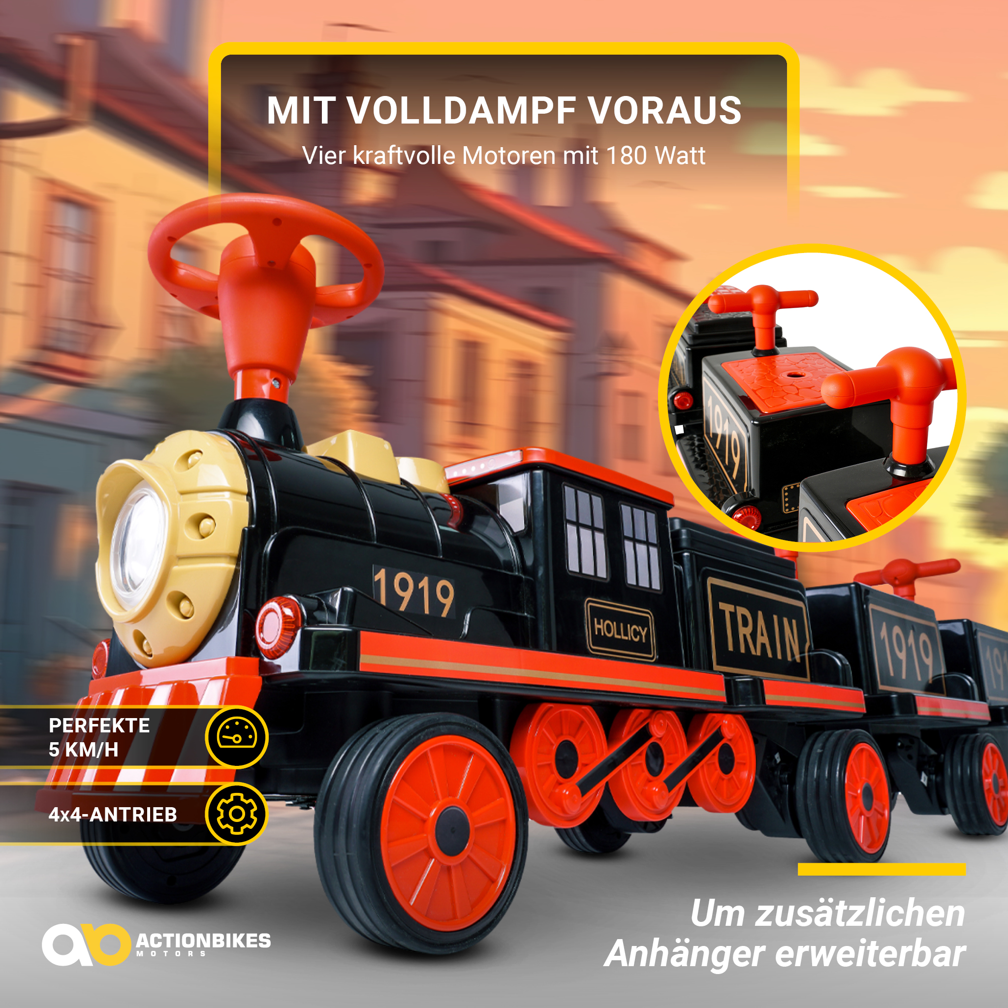 Kinder-Elektrozug mit Anhänger, elektrische Eisenbahn, 3 Sitzplätze, 5 km/h, Soft-Start, 180 Watt – Bild 15
