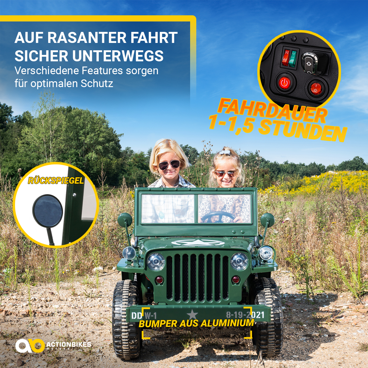 Jeep Willys Kinder-Elektroauto, 3 Sitze und 3 Gurte, Schaufel, Ersatzrad, Federung, Allrad 4x4, LEDs – Bild 5