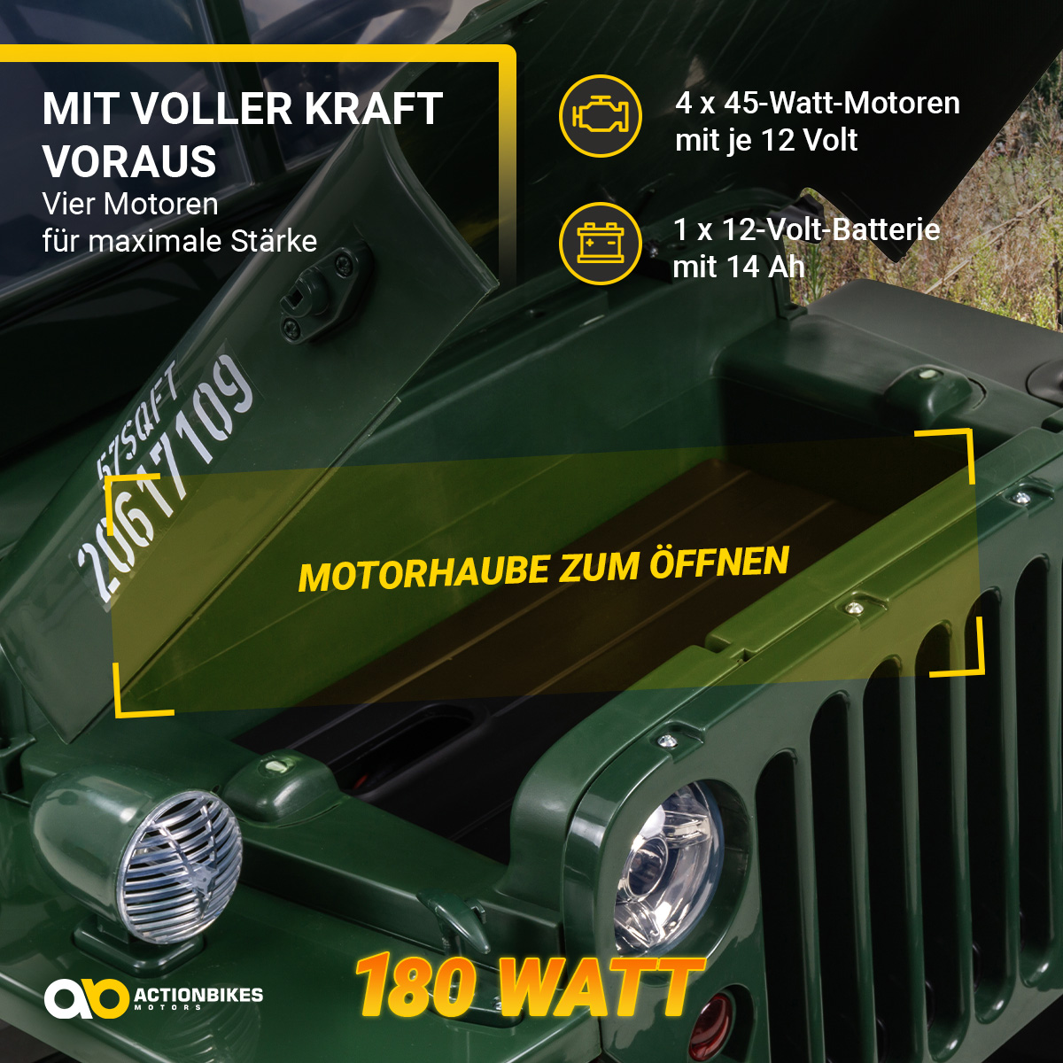 Jeep Willys Kinder-Elektroauto, 3 Sitze und 3 Gurte, Schaufel, Ersatzrad, Federung, Allrad 4x4, LEDs – Bild 6