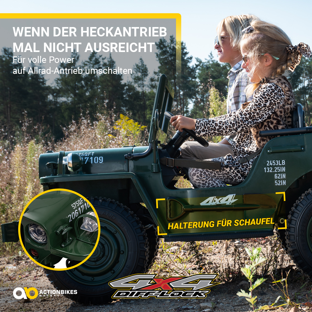Jeep Willys Kinder-Elektroauto, 3 Sitze und 3 Gurte, Schaufel, Ersatzrad, Federung, Allrad 4x4, LEDs – Bild 7