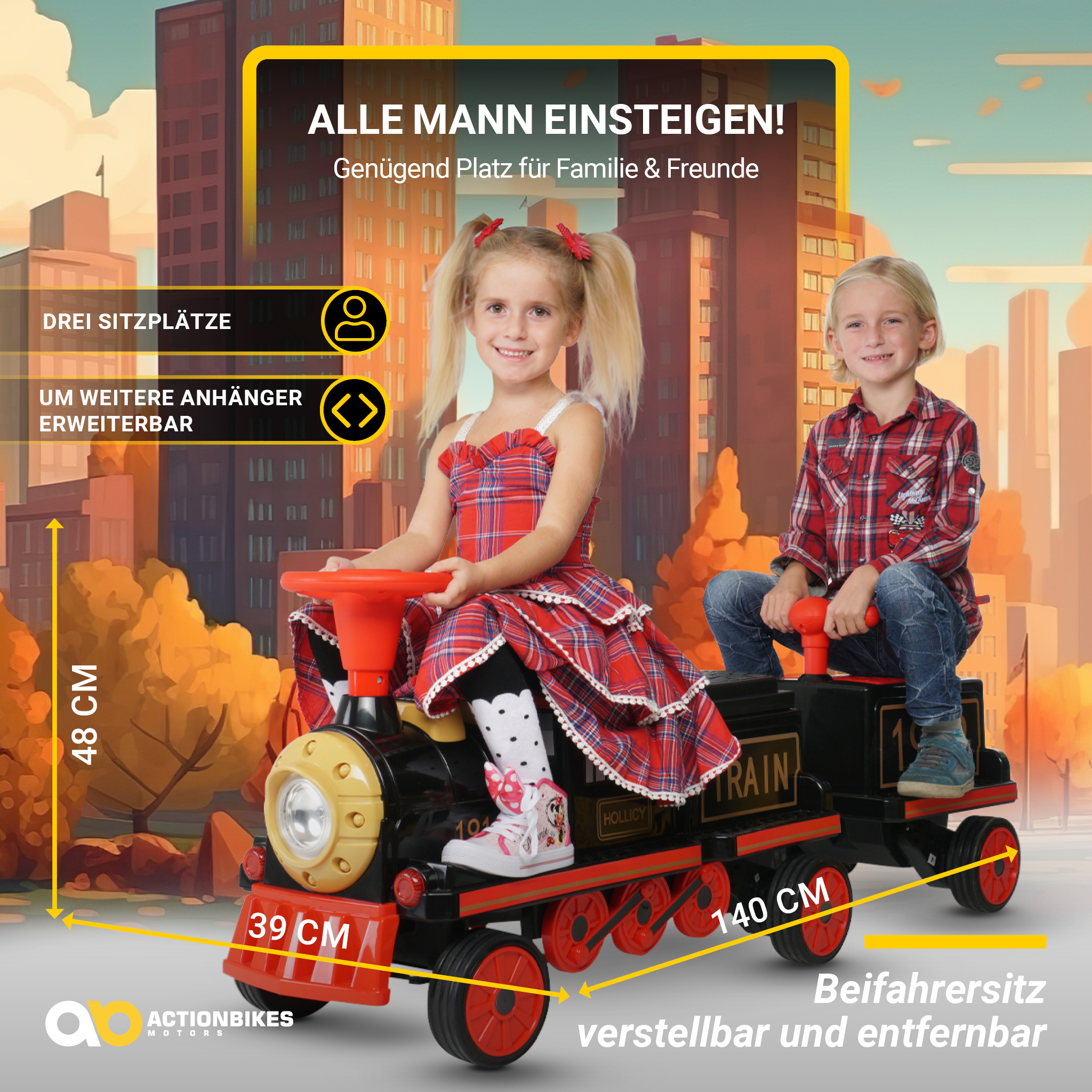 Kinder-Elektrozug mit Anhänger, elektrische Eisenbahn, 3 Sitzplätze, 5 km/h, Soft-Start, 180 Watt – Bild 11
