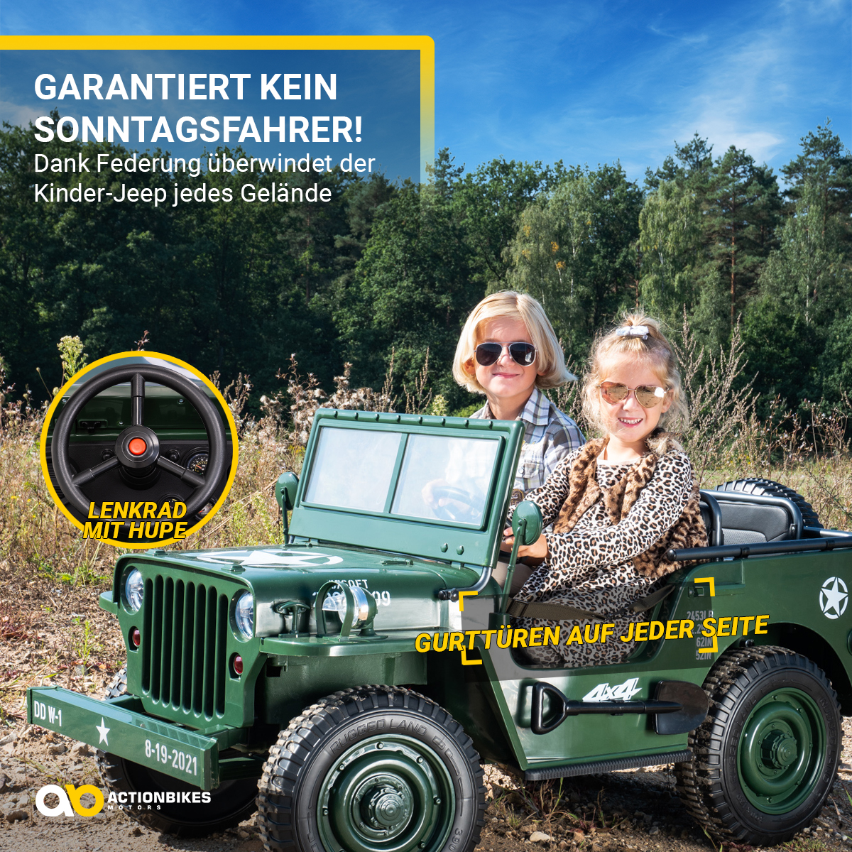 Jeep Willys Kinder-Elektroauto, 3 Sitze und 3 Gurte, Schaufel, Ersatzrad, Federung, Allrad 4x4, LEDs – Bild 8