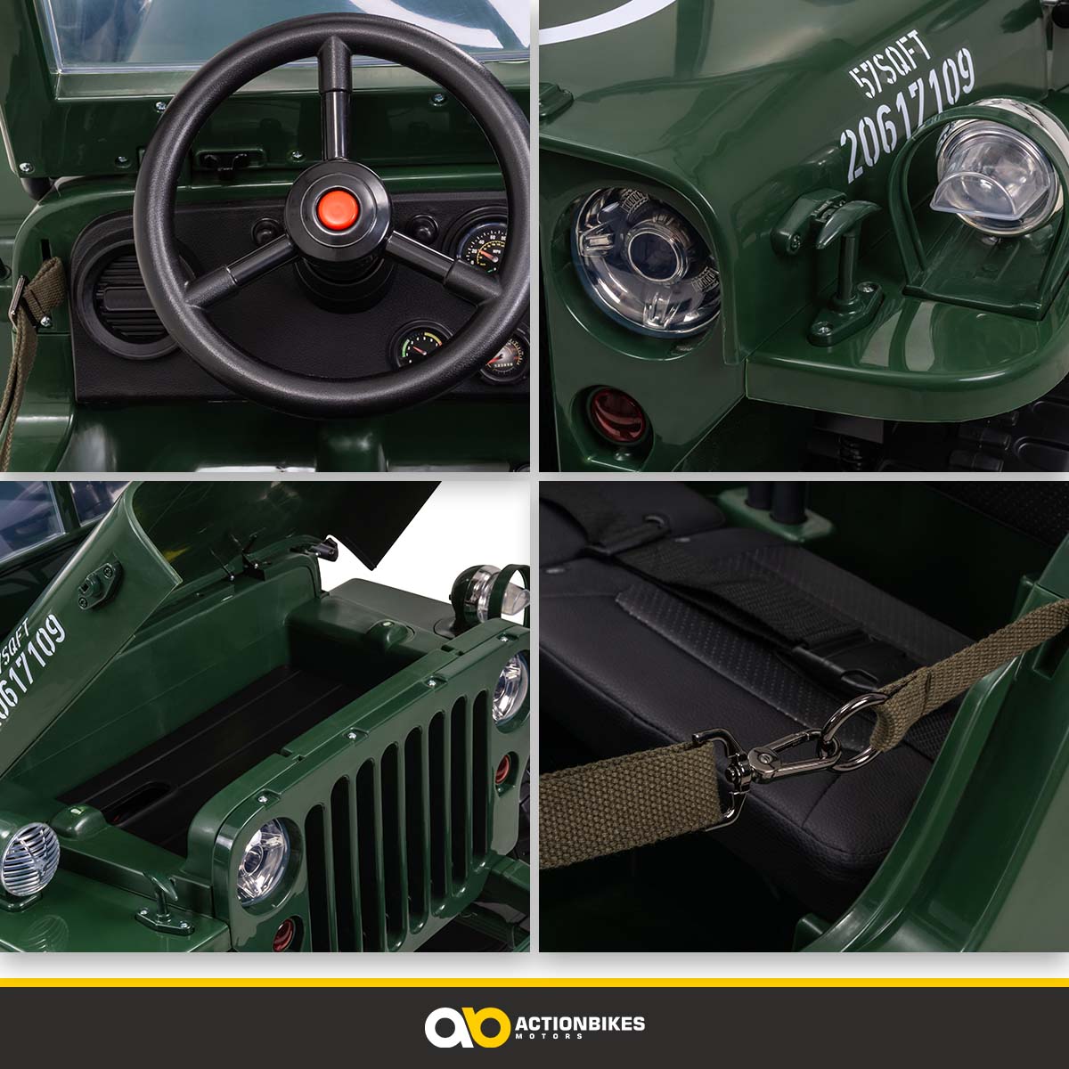 Jeep Willys Kinder-Elektroauto, 3 Sitze und 3 Gurte, Schaufel, Ersatzrad, Federung, Allrad 4x4, LEDs – Bild 10