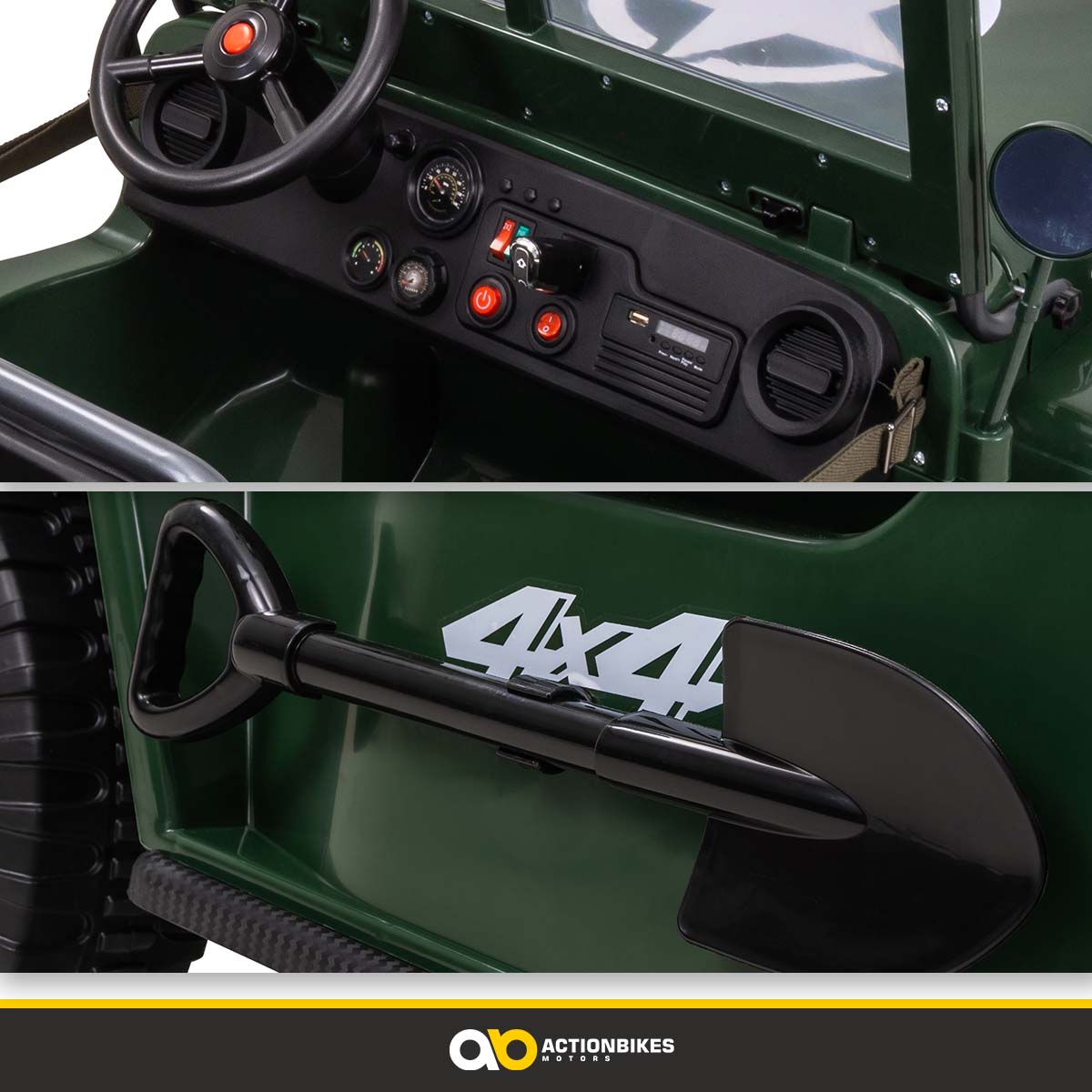 Jeep Willys Kinder-Elektroauto, 3 Sitze und 3 Gurte, Schaufel, Ersatzrad, Federung, Allrad 4x4, LEDs – Bild 11