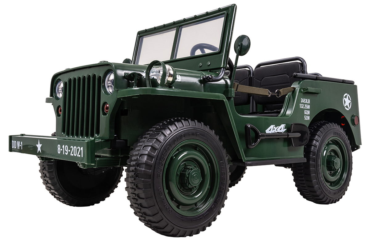 Jeep Willys Kinder-Elektroauto, 3 Sitze und 3 Gurte, Schaufel, Ersatzrad, Federung, Allrad 4x4, LEDs – Bild 14