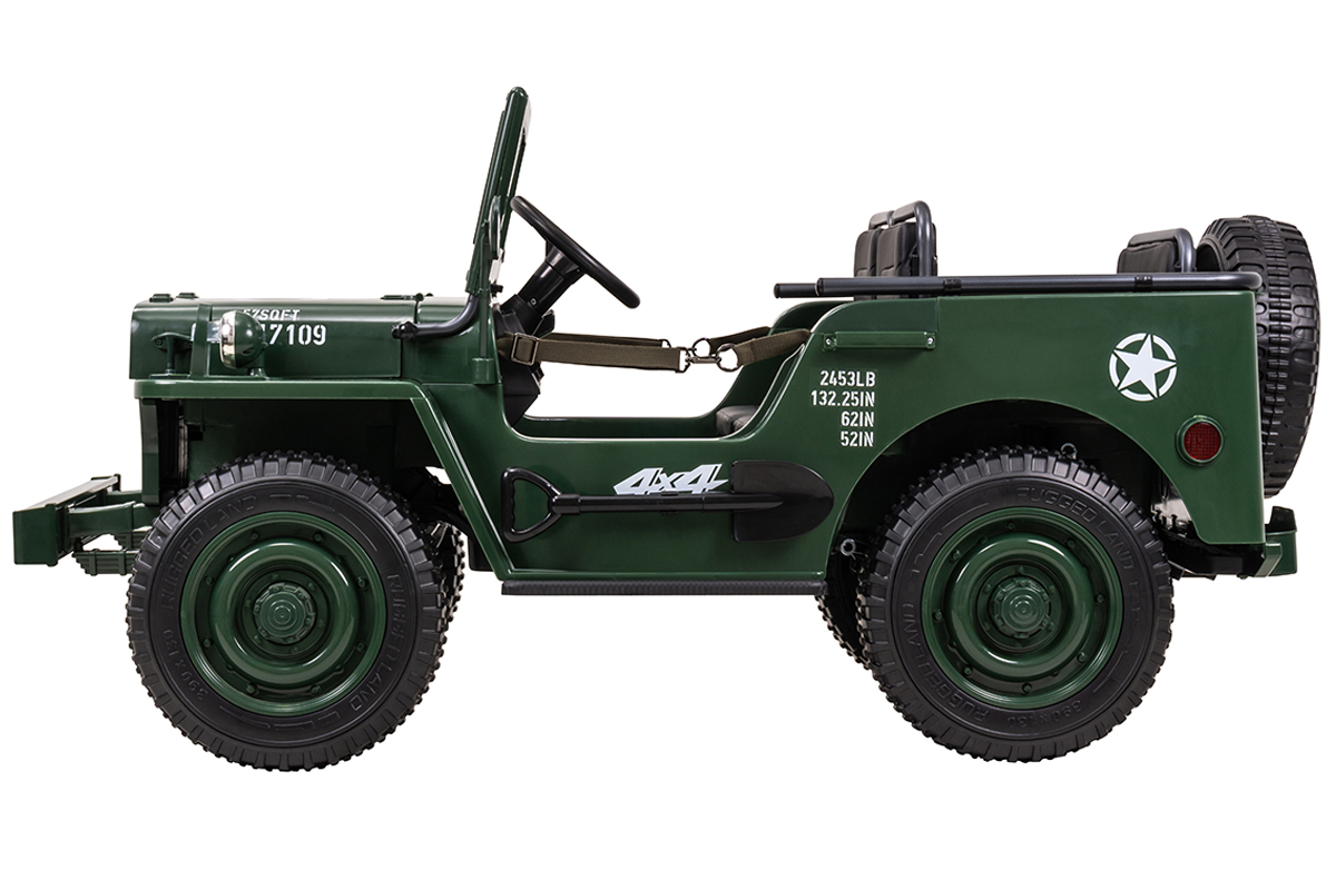 Jeep Willys Kinder-Elektroauto, 3 Sitze und 3 Gurte, Schaufel, Ersatzrad, Federung, Allrad 4x4, LEDs – Bild 15