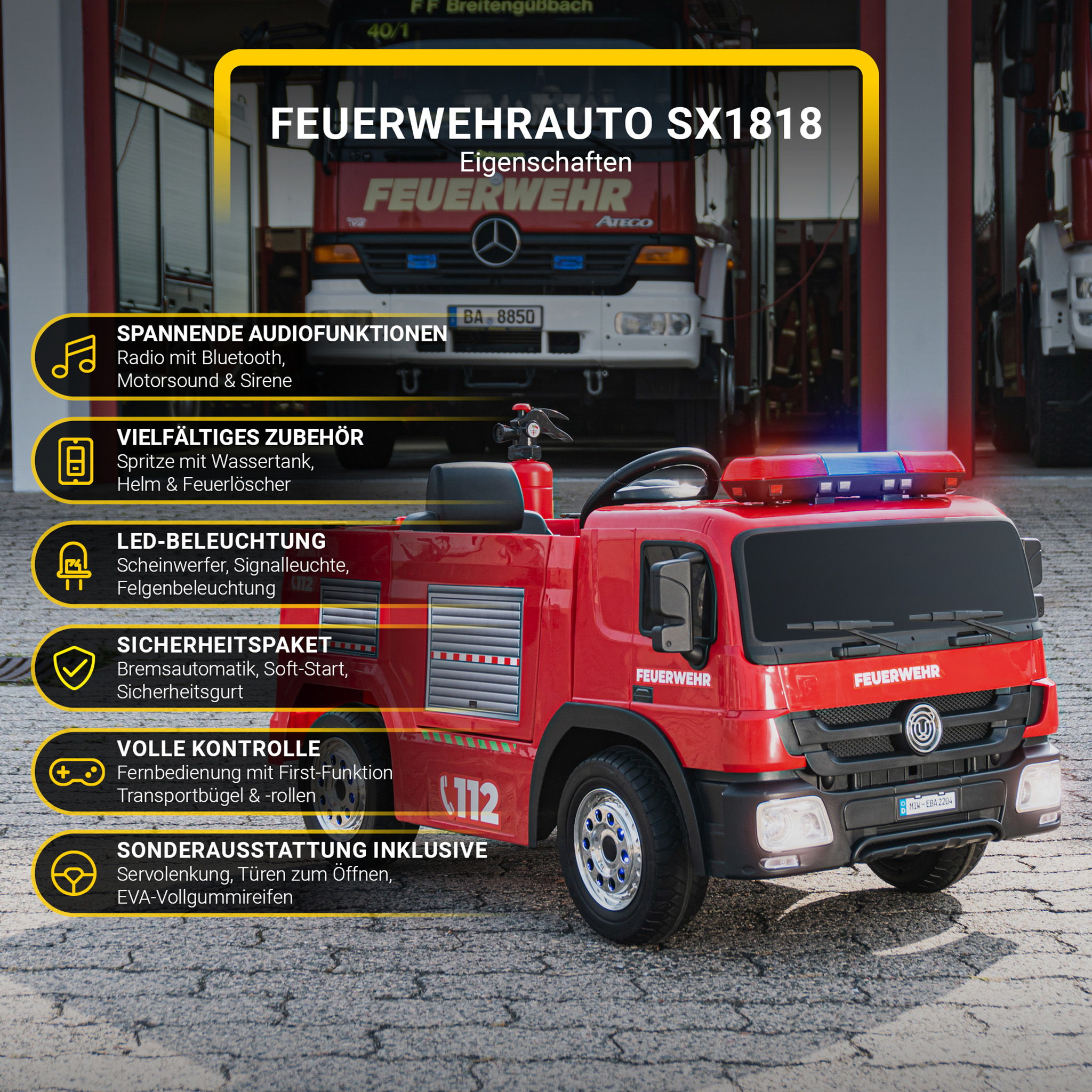 Kinder-Elektro-Feuerwehrauto SX1818, Spritze, Sirene, Blaulicht, 70 Watt, Servolenkung, Bluetooth – Bild 24