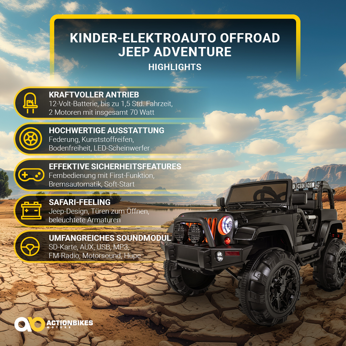 Kinder-Elektroauto Offroad Jeep Adventure, 70 Watt, Fernbedienung, LED, Bremsautomatik, Stossdämpfer – Bild 2