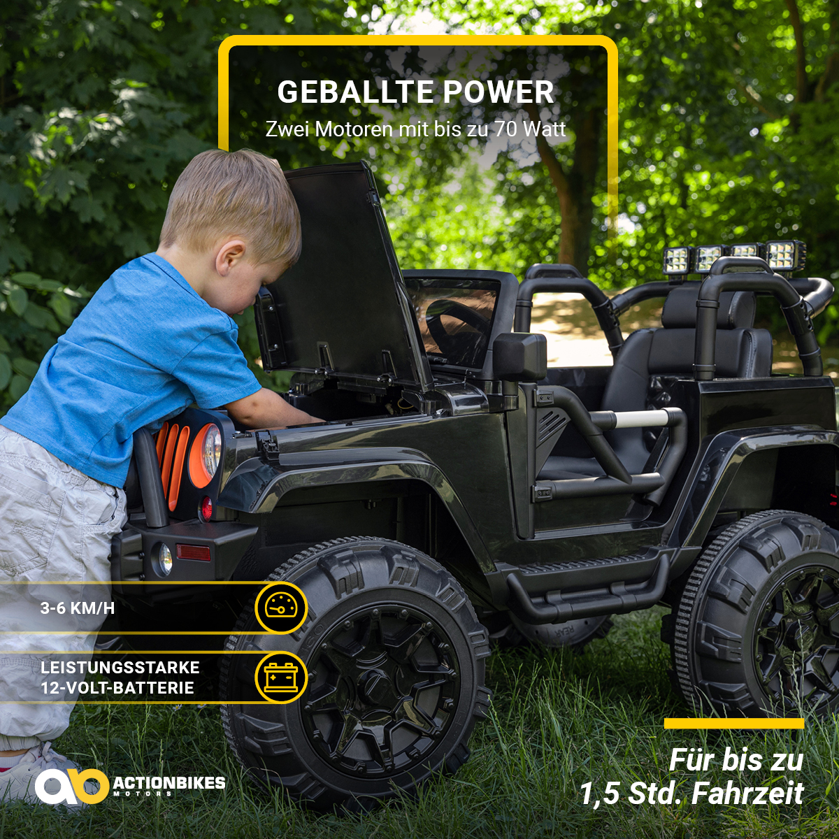 Kinder-Elektroauto Offroad Jeep Adventure, 70 Watt, Fernbedienung, LED, Bremsautomatik, Stossdämpfer – Bild 7