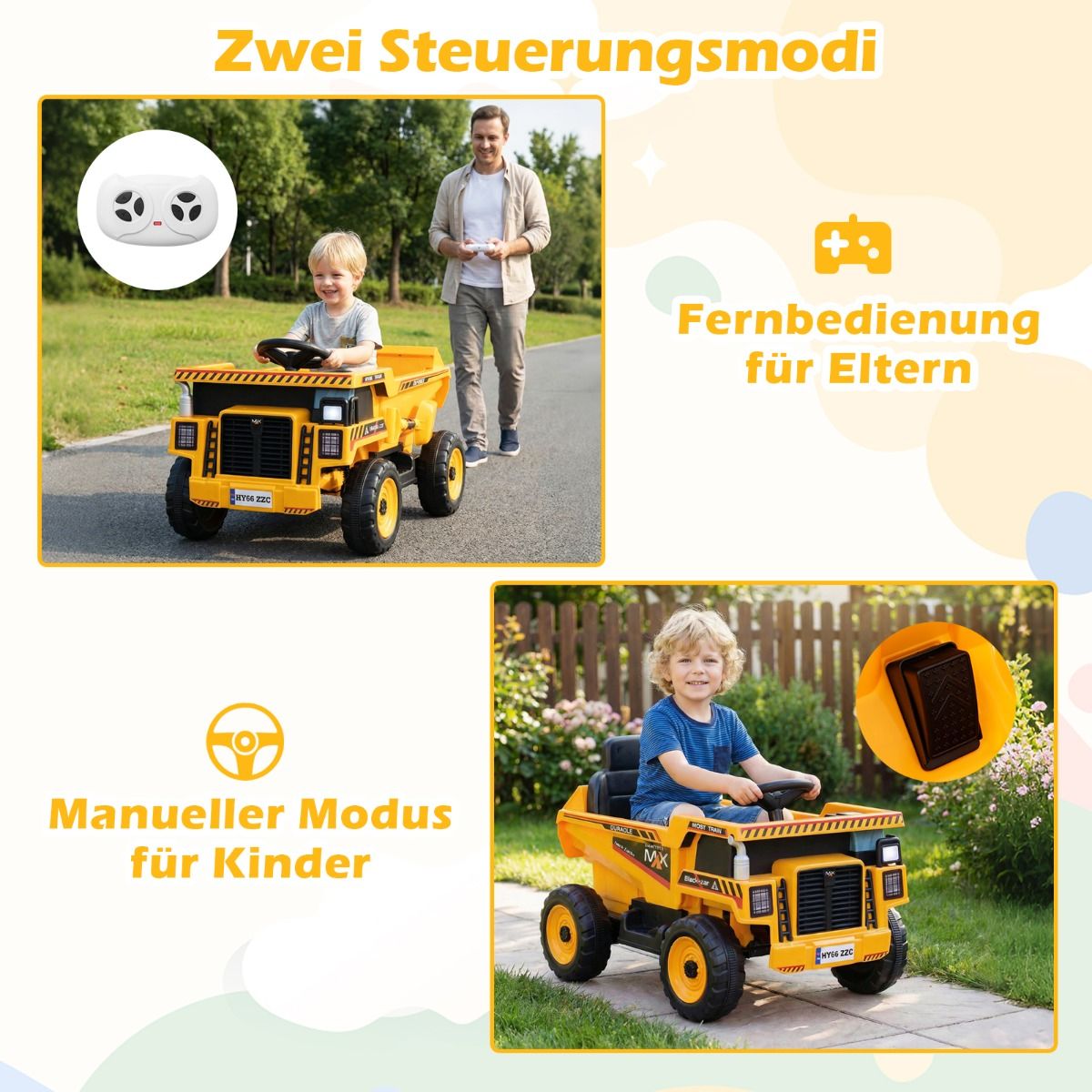 24V Kinder Elektro-Kippwagen 4-Rad Baumaschine mit Kippmulde Schaufel Fernbedienung Gelb – Bild 5