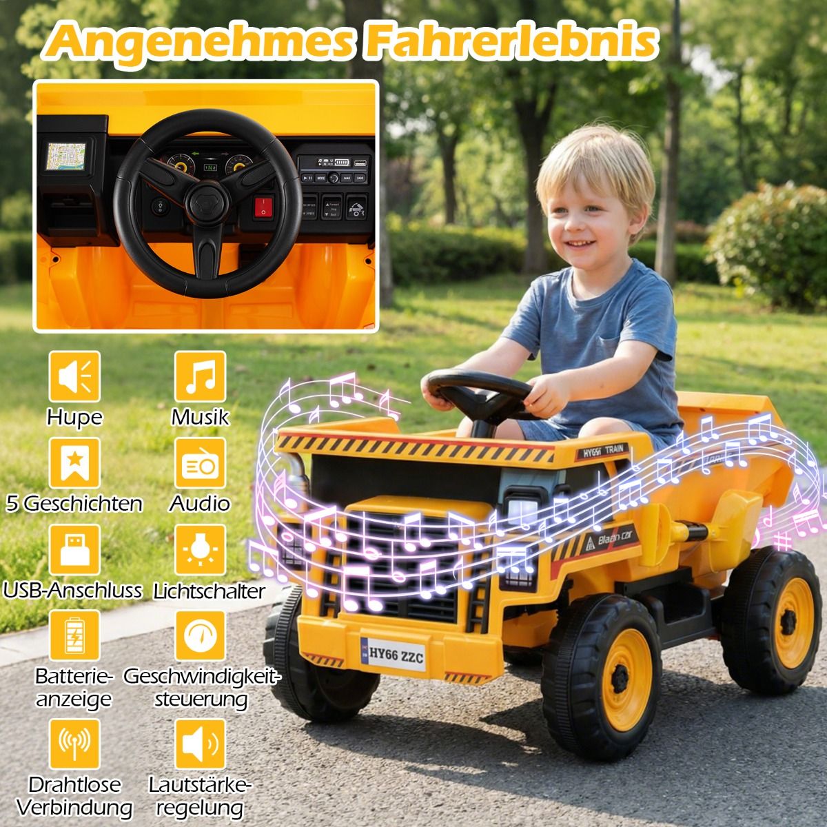 24V Kinder Elektro-Kippwagen 4-Rad Baumaschine mit Kippmulde Schaufel Fernbedienung Gelb – Bild 7