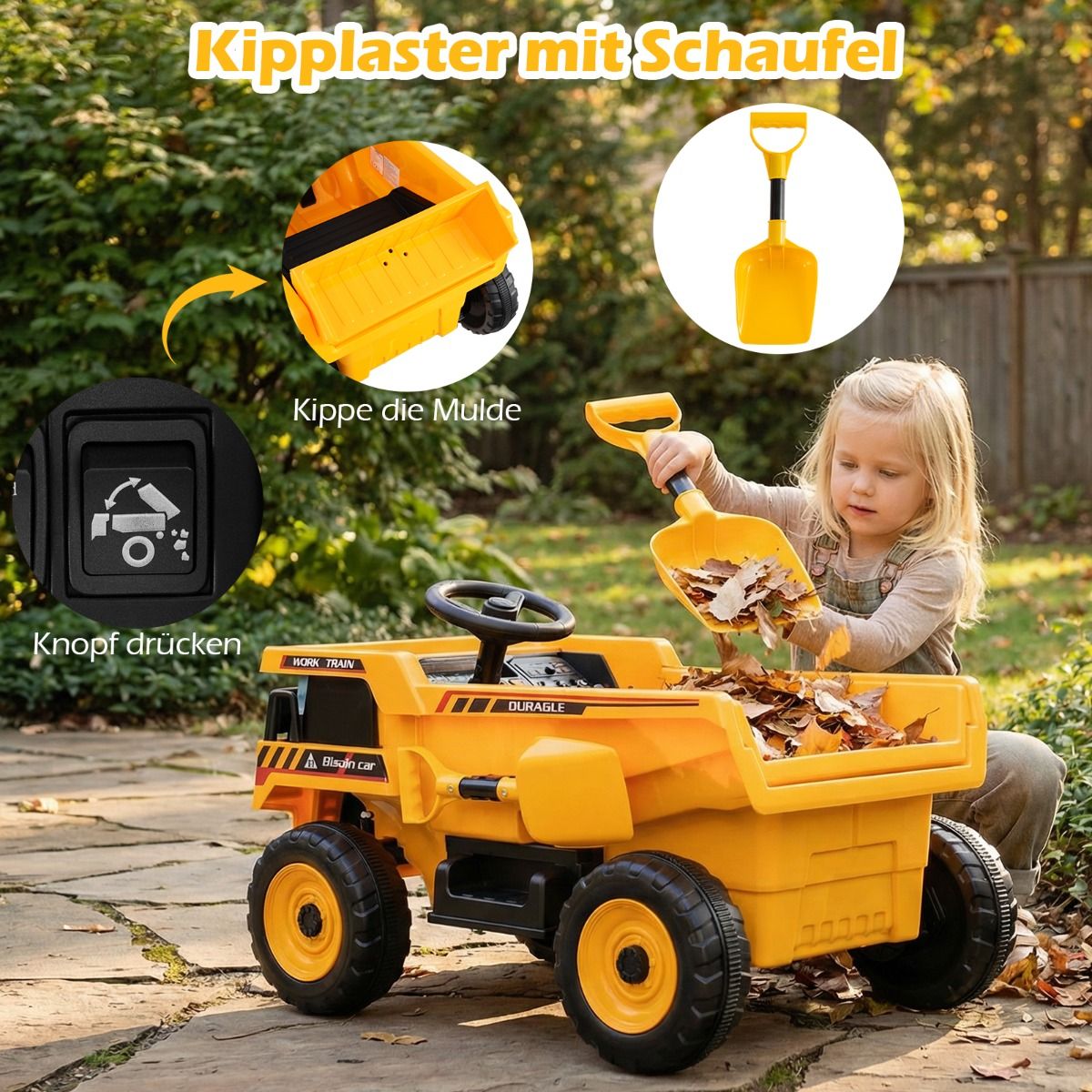 24V Kinder Elektro-Kippwagen 4-Rad Baumaschine mit Kippmulde Schaufel Fernbedienung Gelb – Bild 4