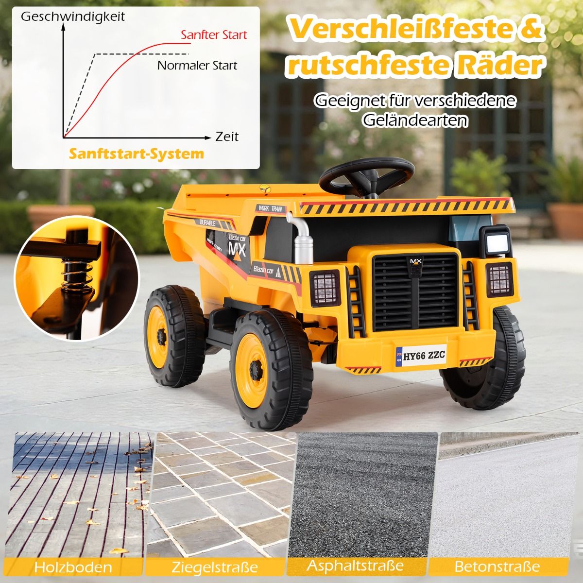 24V Kinder Elektro-Kippwagen 4-Rad Baumaschine mit Kippmulde Schaufel Fernbedienung Gelb – Bild 6