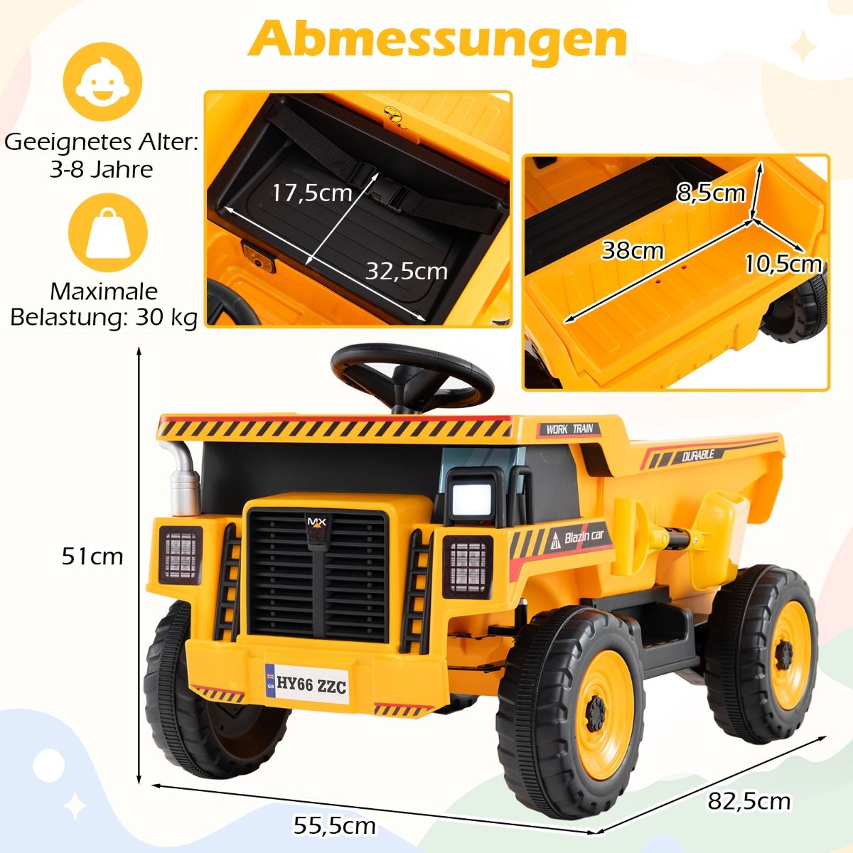24V Kinder Elektro-Kippwagen 4-Rad Baumaschine mit Kippmulde Schaufel Fernbedienung Gelb – Bild 3