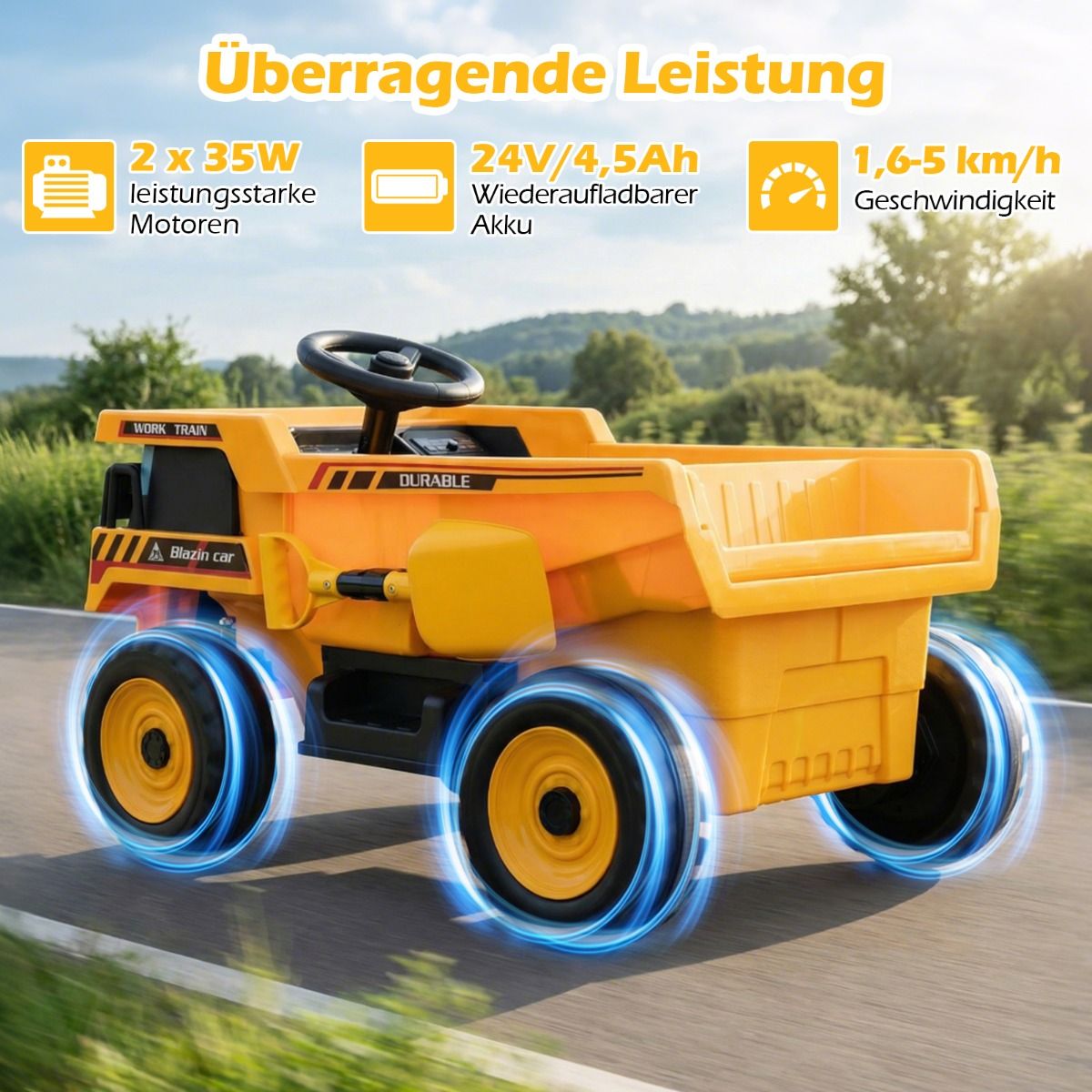 24V Kinder Elektro-Kippwagen 4-Rad Baumaschine mit Kippmulde Schaufel Fernbedienung Gelb – Bild 8