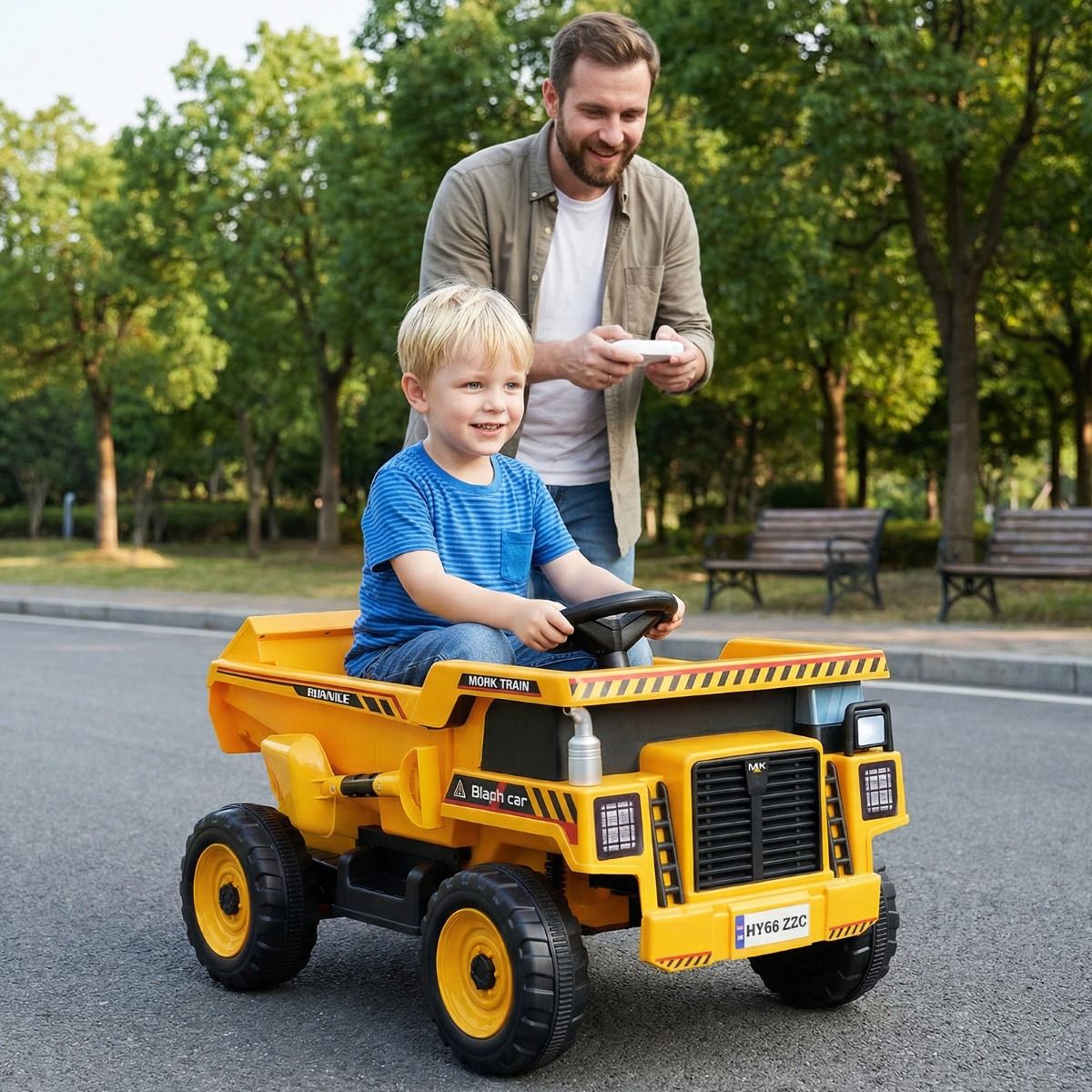24V Kinder Elektro-Kippwagen 4-Rad Baumaschine mit Kippmulde Schaufel Fernbedienung Gelb