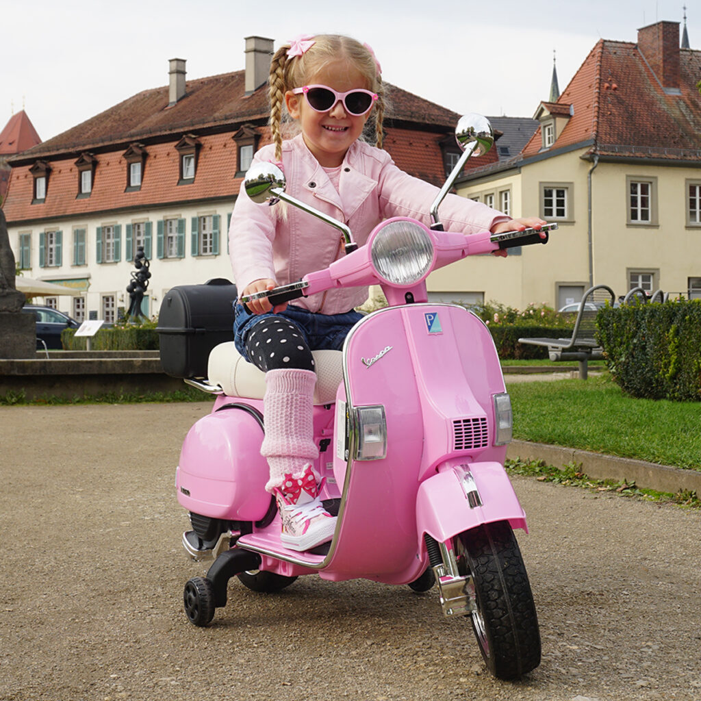 Kinder-Elektroroller Vespa, lizenziert, EVA-Reifen, LED-Scheinwerfer, Koffer, Soundmodul, Stützräder