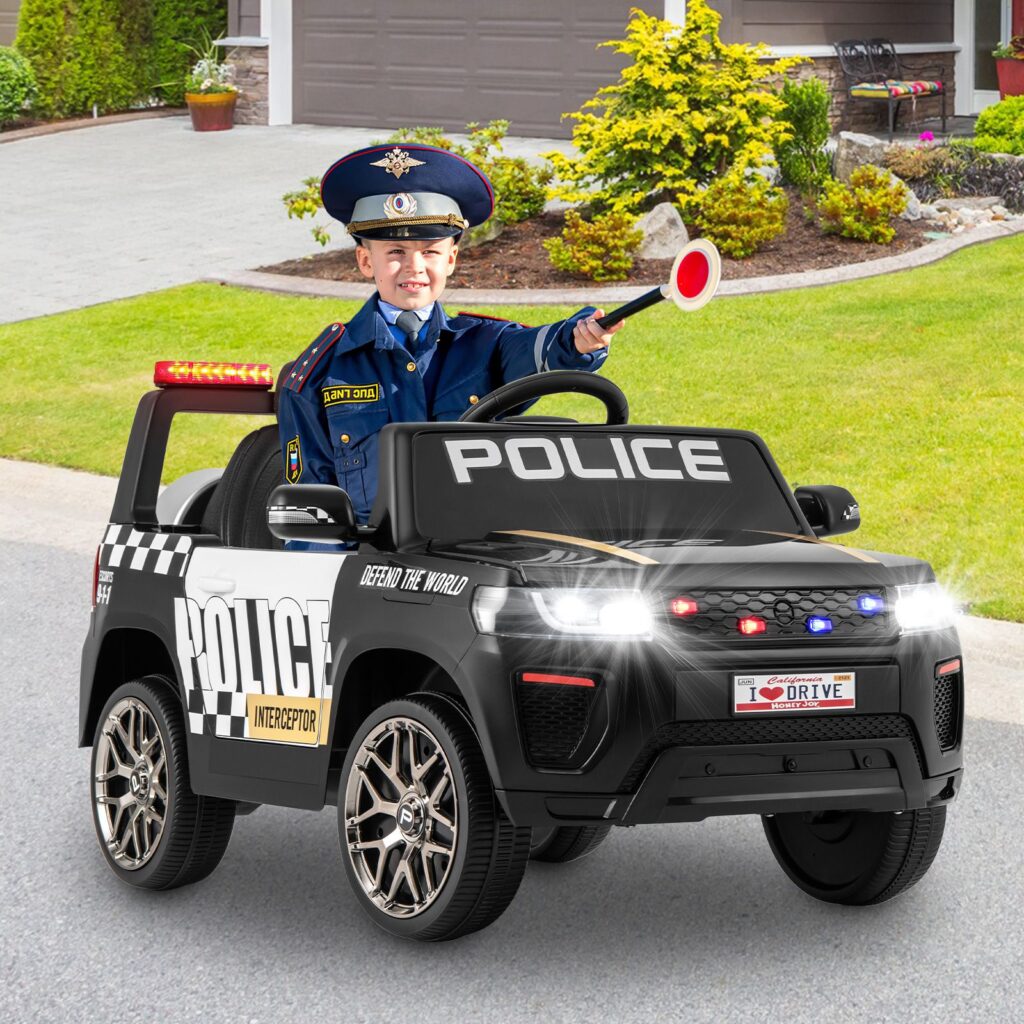 Kinder-Polizeiauto 12V betriebenes Polizeiauto mit Fernbedienung kabelloser Verbindung Musik Hupe Sirene & LED-Blinklichtern Schwarz