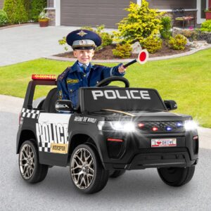 Kinder-Polizeiauto 12V betriebenes Polizeiauto mit Fernbedienung kabelloser Verbindung Musik Hupe Sirene & LED-Blinklichtern Schwarz