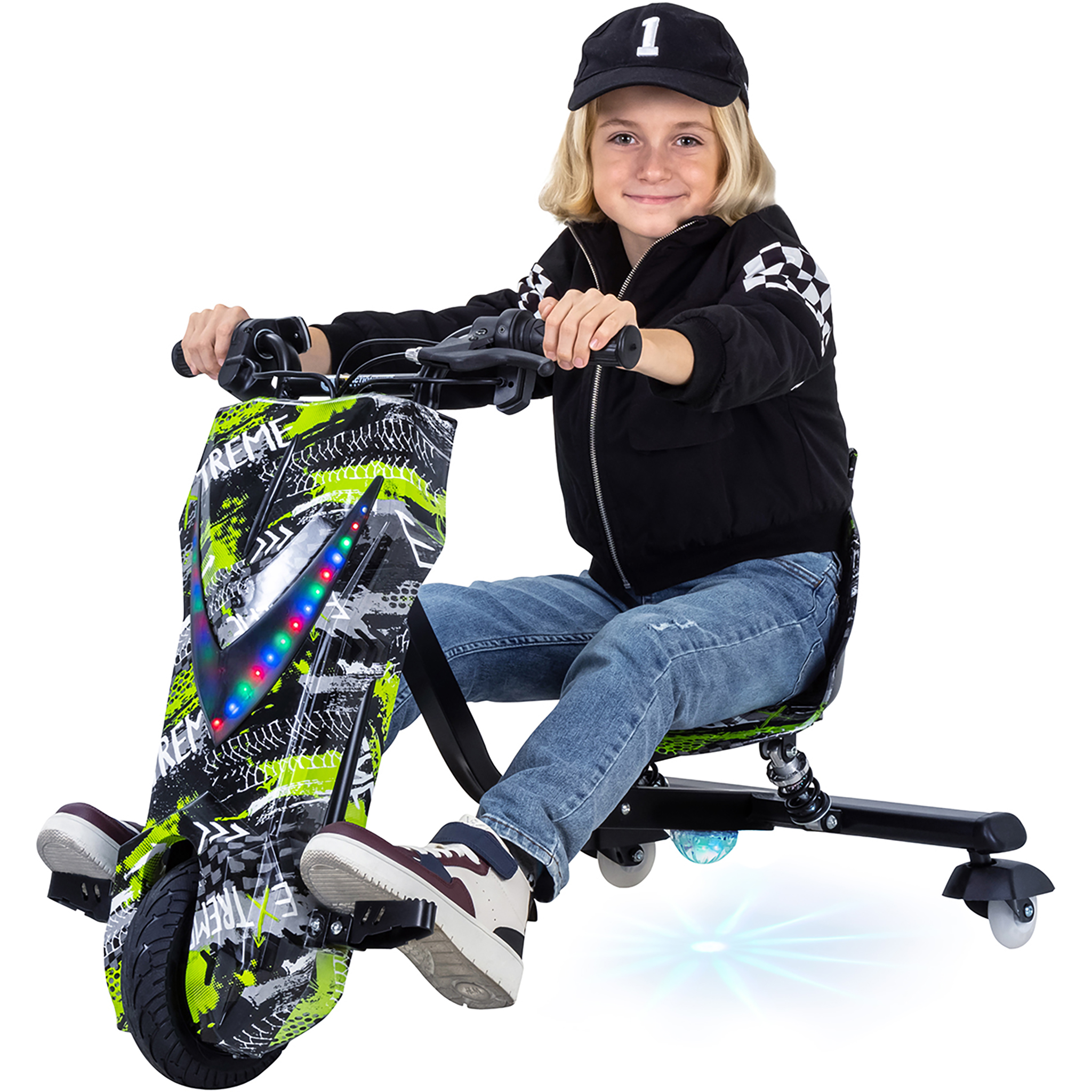 Elektro-Drift-Trike für Kinder, Drift-Scooter 2.0, bis zu 15km/h, drosselbar, Hupe, LED-Driftrollen