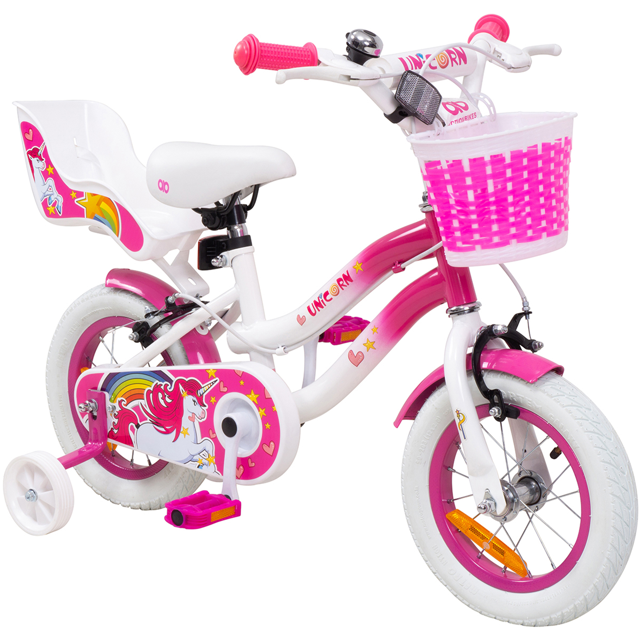 Kinderfahrrad Unicorn 12 Zoll, Pink, Einhorn-Design, Puppensitz, Stützräder, Fahrradkorb