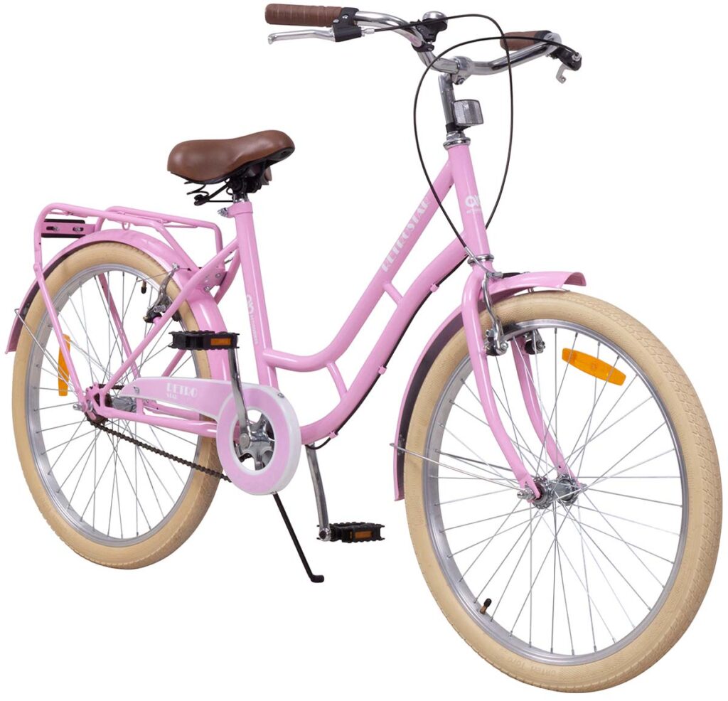 Kinderfahrrad Retrostar 24 Zoll, Rosa, Fahrradständer, Gepäckträger, Sattel gefedert