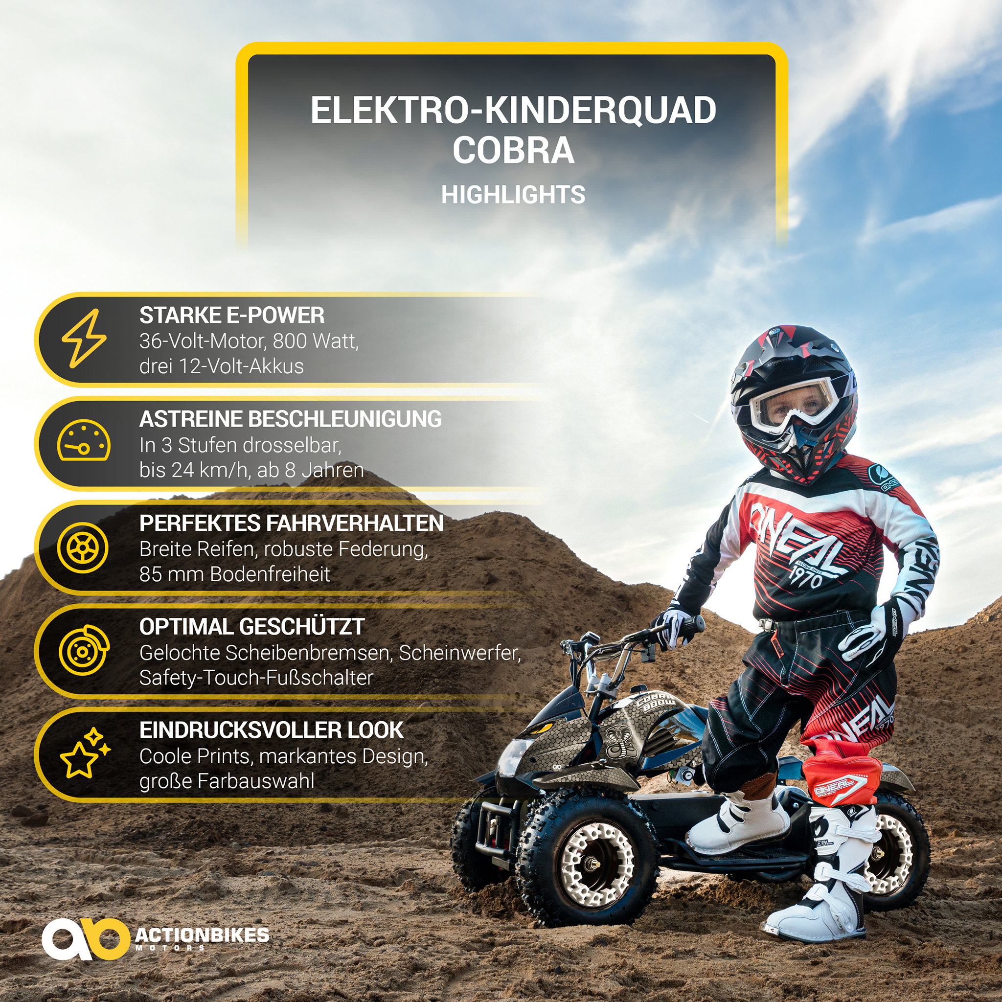 Elektro-Kinderquad Cobra, 800 Watt, bis 24 km/h, ab 8 Jahren, Federung, 3x 12V-Akku, Scheibenbremsen – Bild 3