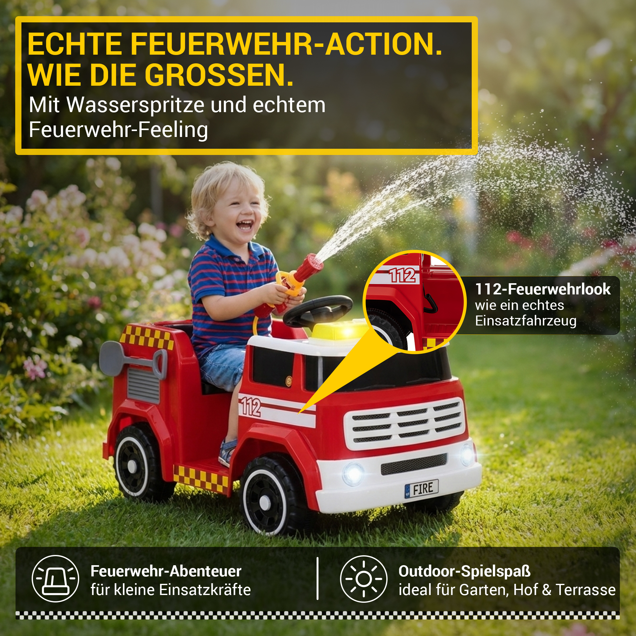 Kinder-Elektro-Feuerwehrauto LF112, Wasserspritze, Sirene, Sprechanlage, Einsatzlicht, 50W, MP3 – Bild 13