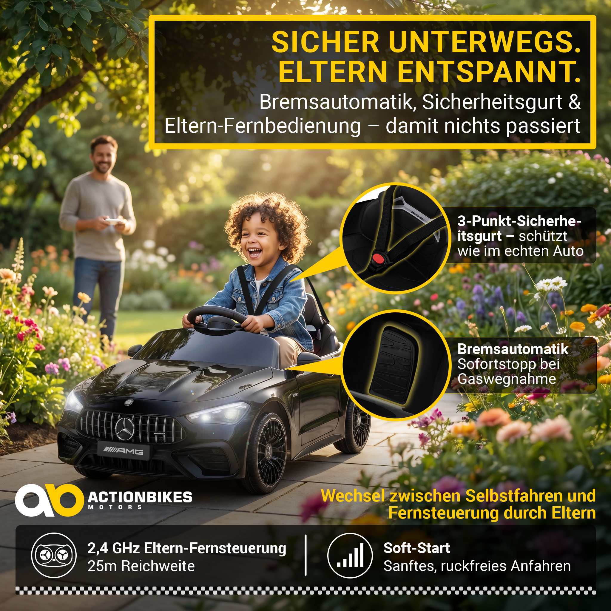 Kinder-Elektroauto Mercedes AMG CLE 53, Bremsautomatik, 3-5 km/h, Soft-Start, LED, Fernbedienung – Bild 16