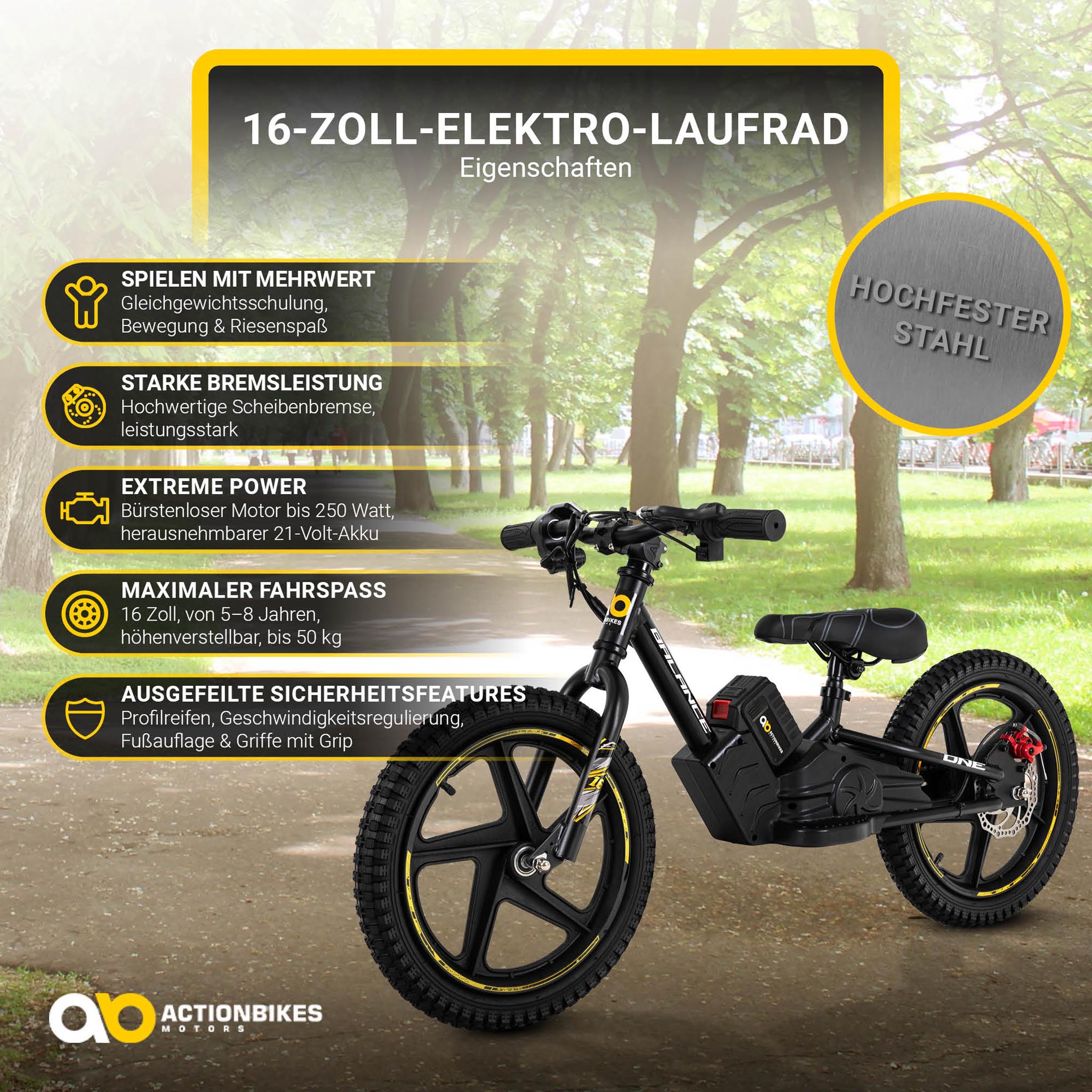 Elektro-Laufrad, 16 Zoll, Kinder-Balance-Bike m. 250 Watt, Scheibenbremsen, 3 Geschwindigkeitsstufen – Bild 12