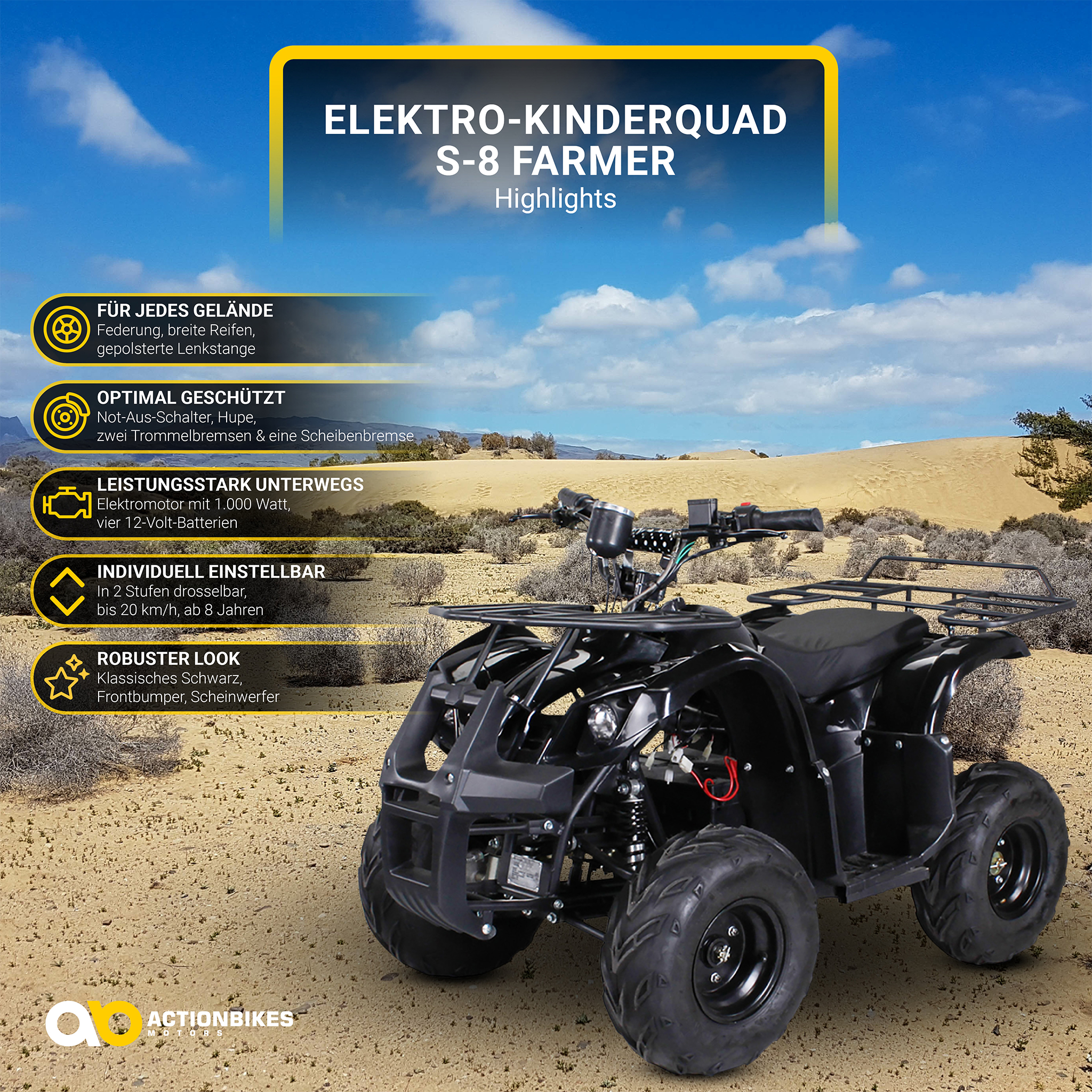 Elektro-Kinderquad S-8 Farmer, Midi-Quad mit 1000 Watt, Scheiben-/Trommelbremsen, bis 20 km/h, ab 8 – Bild 5