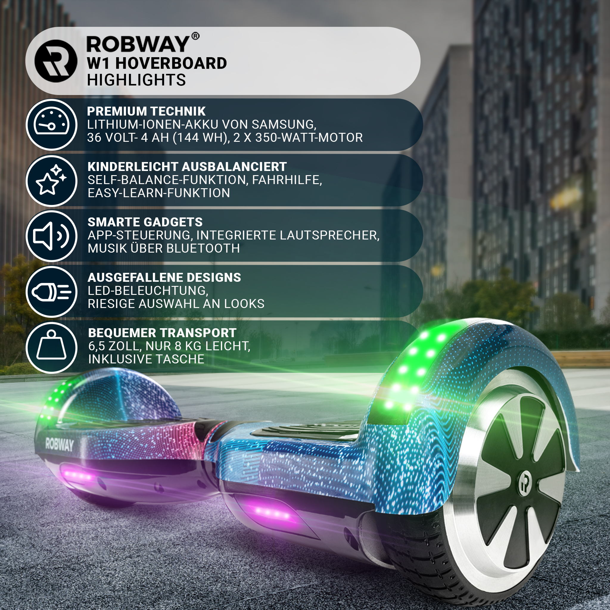 ROBWAY W1 Hoverboard für Erwachsene & Kinder, 6,5 Zoll, Self-Balance, Bluetooth, App, 700 Watt, LEDs – Bild 11