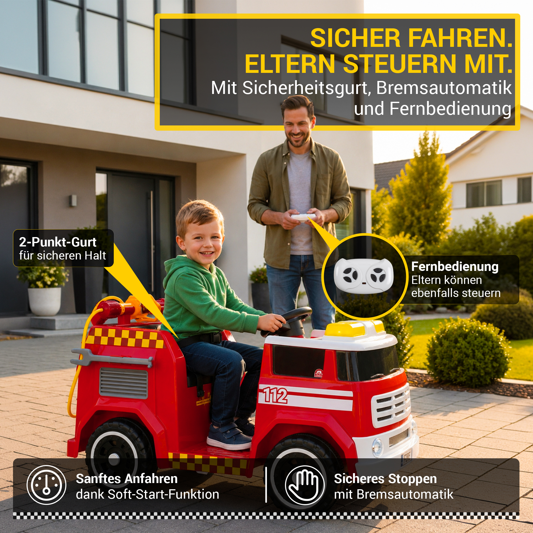 Kinder-Elektro-Feuerwehrauto LF112, Wasserspritze, Sirene, Sprechanlage, Einsatzlicht, 50W, MP3 – Bild 14