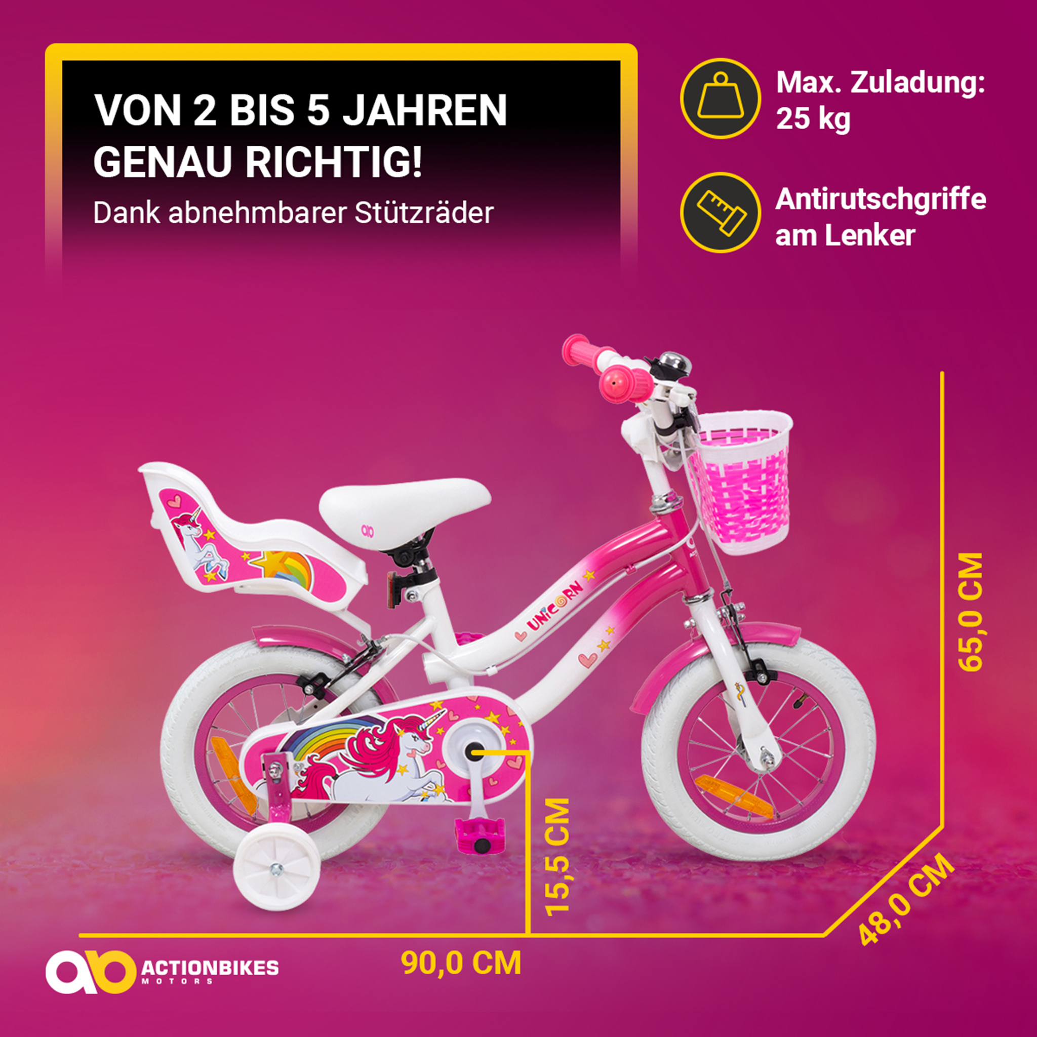 Kinderfahrrad Unicorn 12 Zoll, Pink, Einhorn-Design, Puppensitz, Stützräder, Fahrradkorb – Bild 9