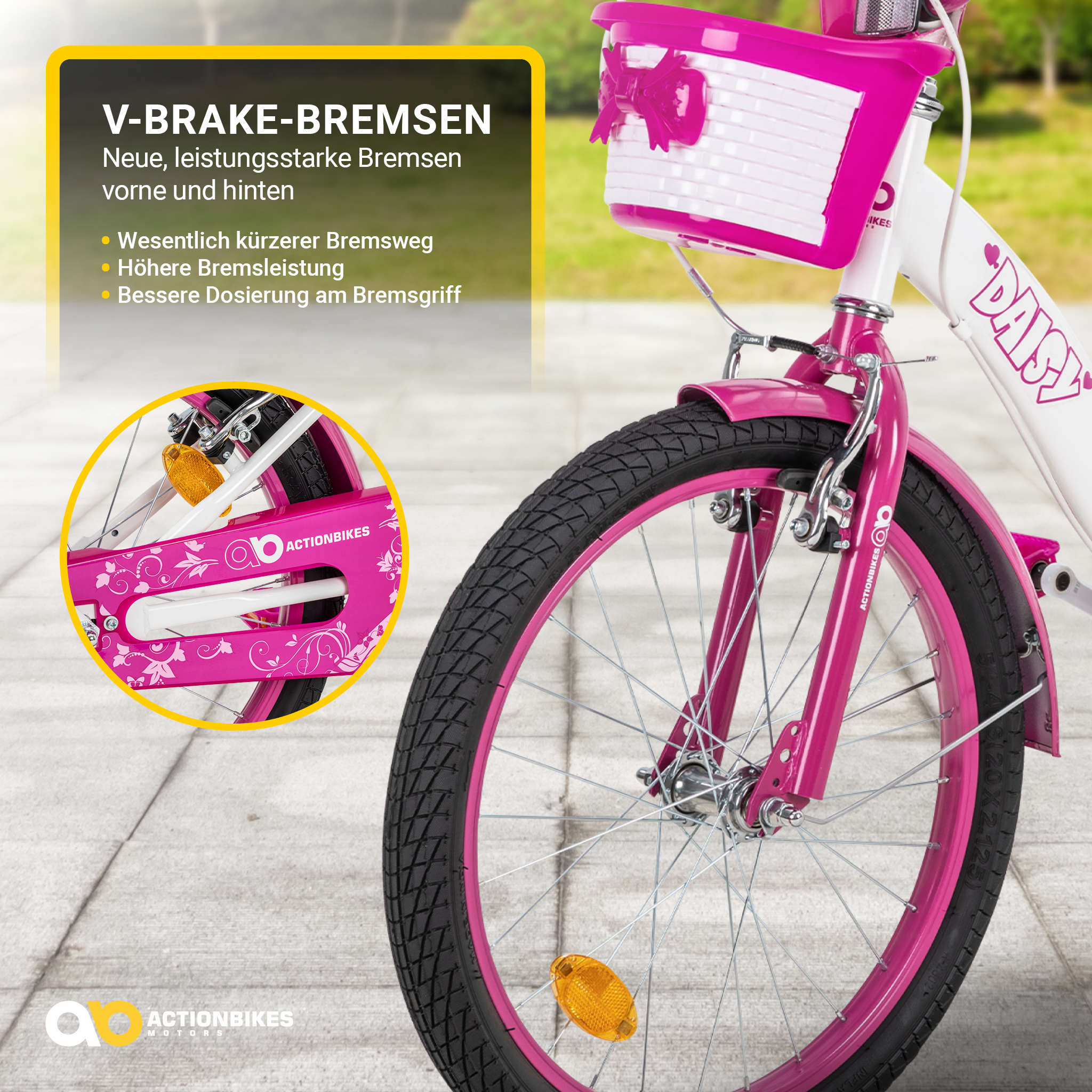 Kinderfahrrad Daisy 20 Zoll, pink, V-Brake-Bremsen, Antirutschgriffe, Kettenschutz, Korb – Bild 14