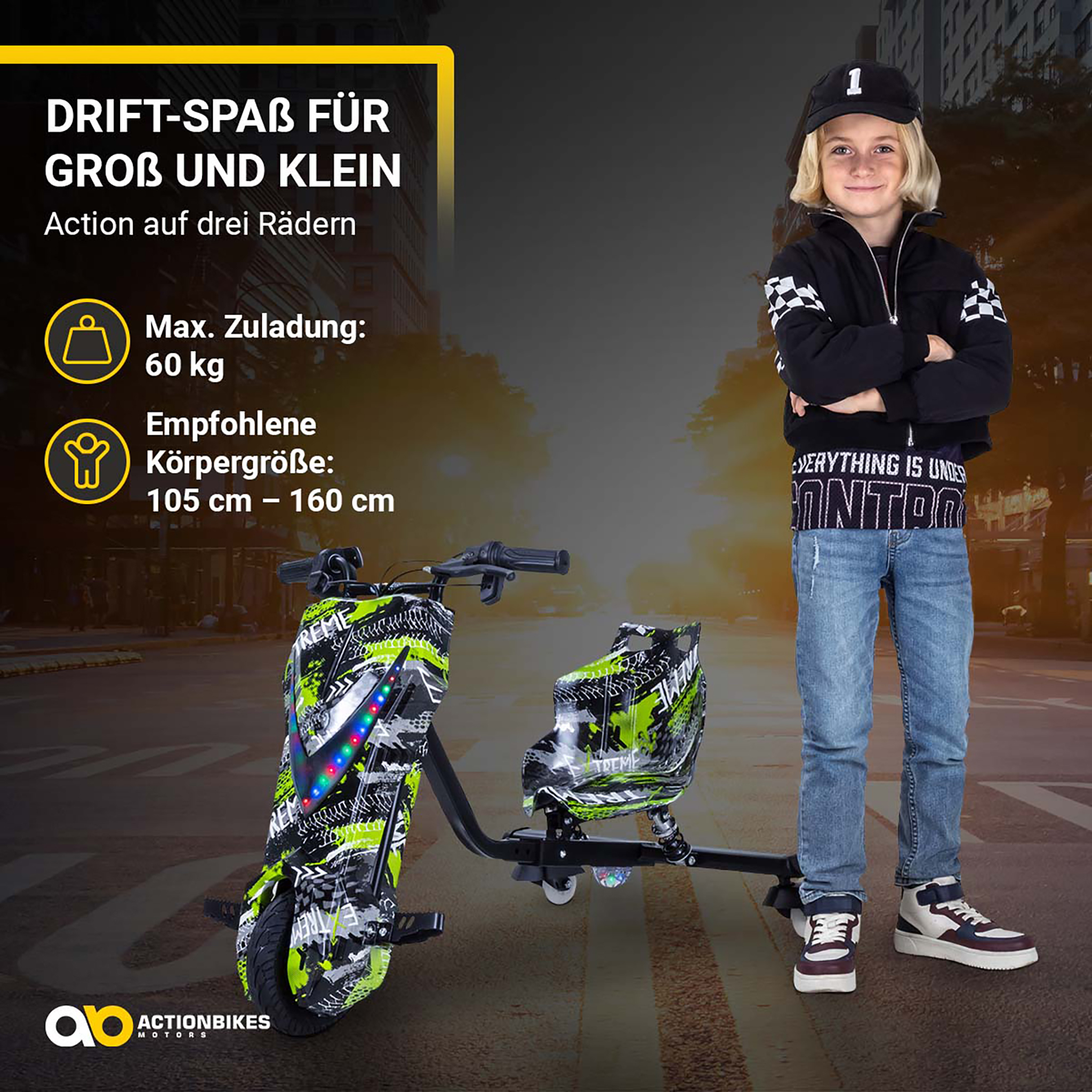 Elektro-Drift-Trike für Kinder, Drift-Scooter 2.0, bis zu 15km/h, drosselbar, Hupe, LED-Driftrollen – Bild 5