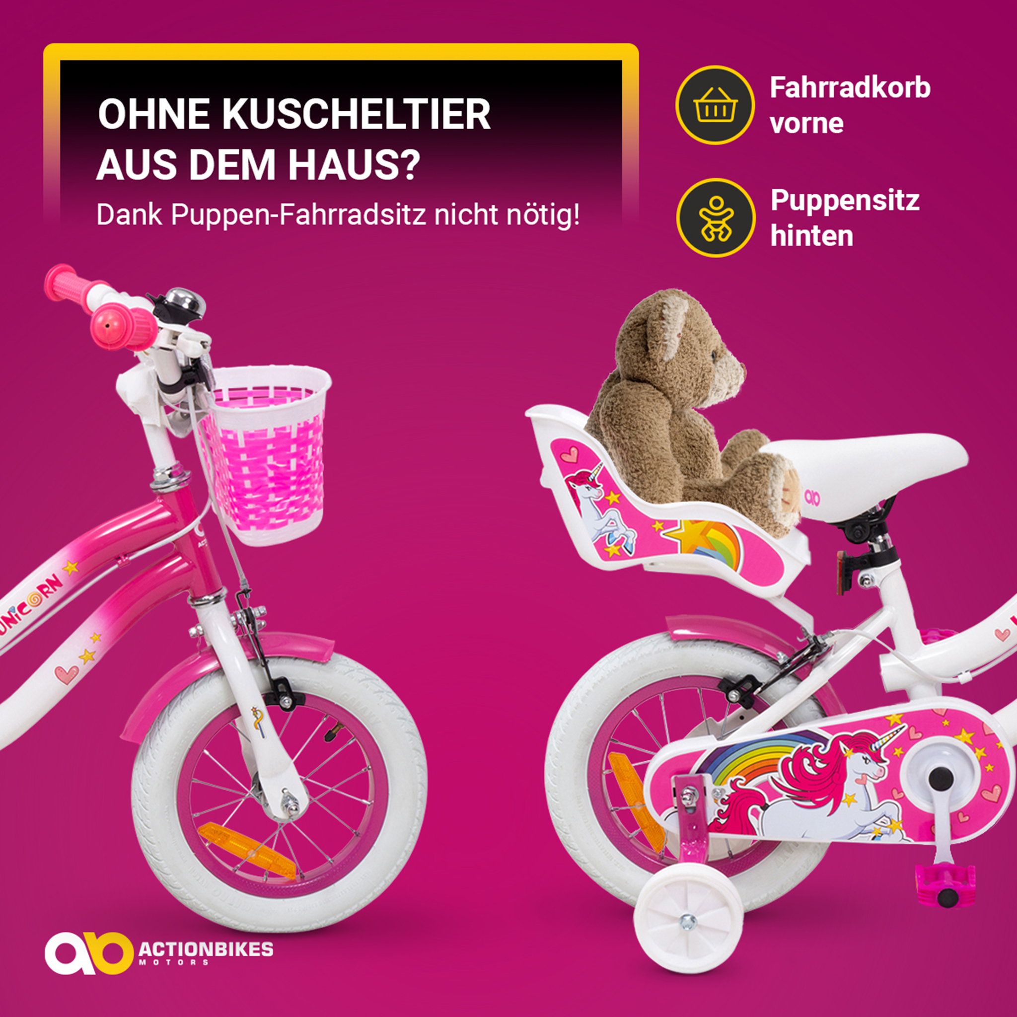 Kinderfahrrad Unicorn 12 Zoll, Pink, Einhorn-Design, Puppensitz, Stützräder, Fahrradkorb – Bild 10