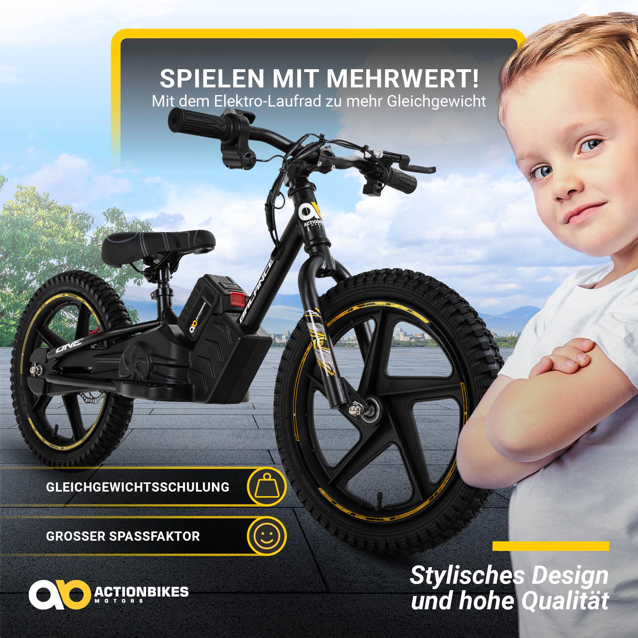Elektro-Laufrad, 16 Zoll, Kinder-Balance-Bike m. 250 Watt, Scheibenbremsen, 3 Geschwindigkeitsstufen – Bild 14