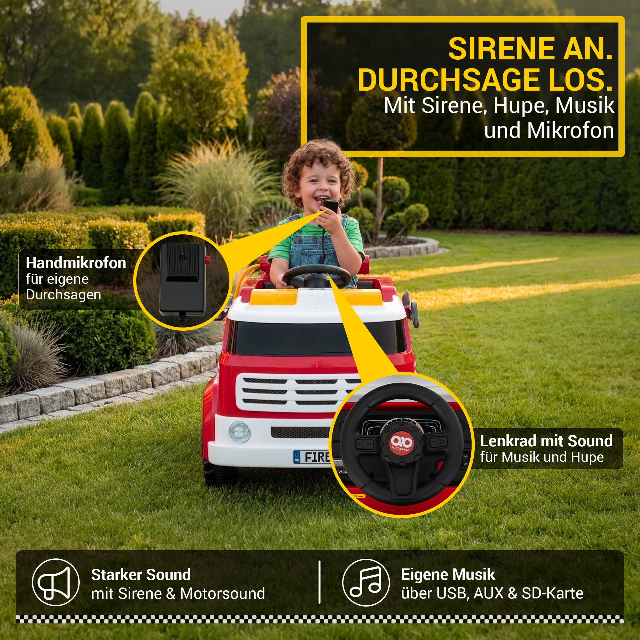 Kinder-Elektro-Feuerwehrauto LF112, Wasserspritze, Sirene, Sprechanlage, Einsatzlicht, 50W, MP3 – Bild 16