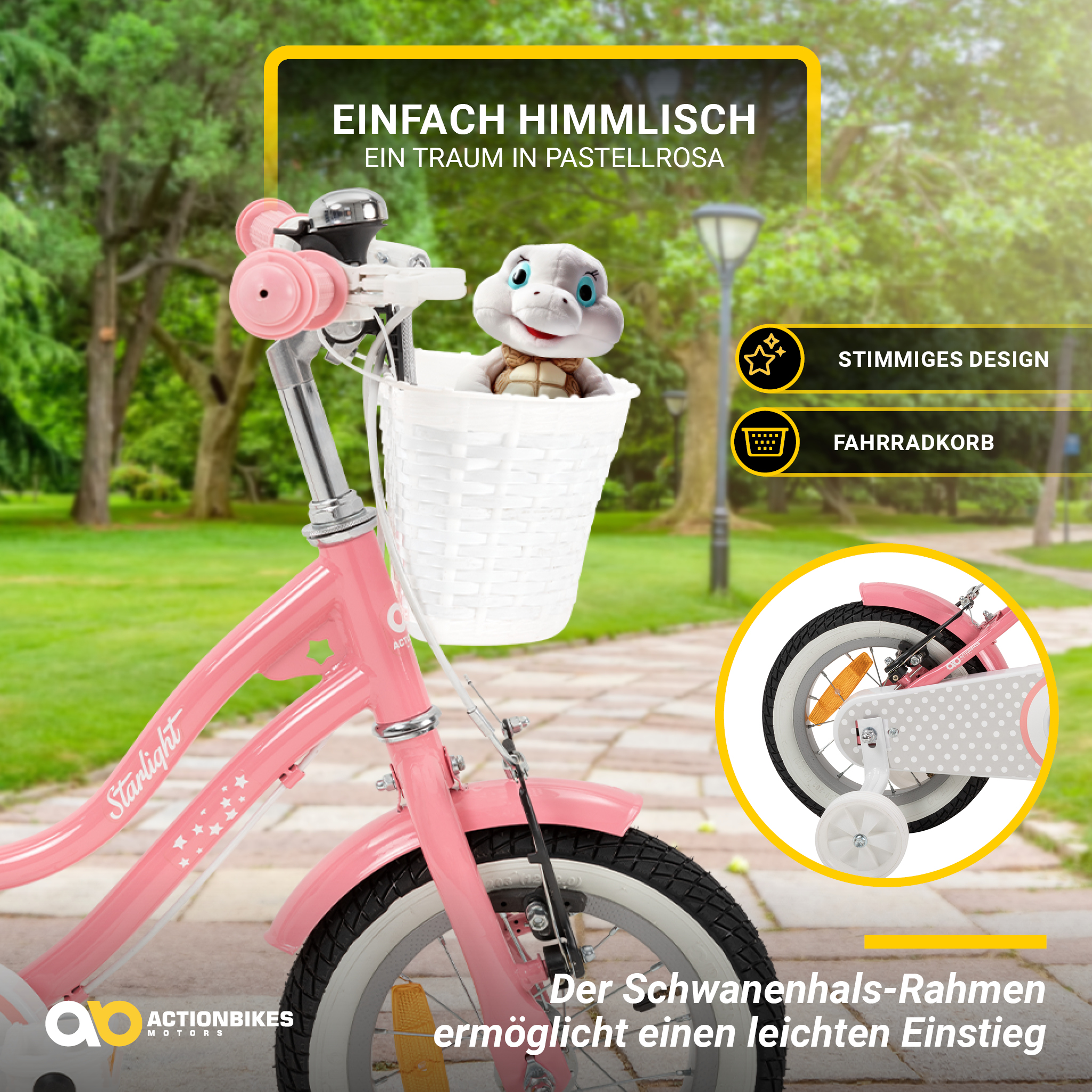 Kinderfahrrad Starlight 12 Zoll, Rosa, Stützräder, Fahrradkorb, Klingel, Kettenschutz – Bild 16