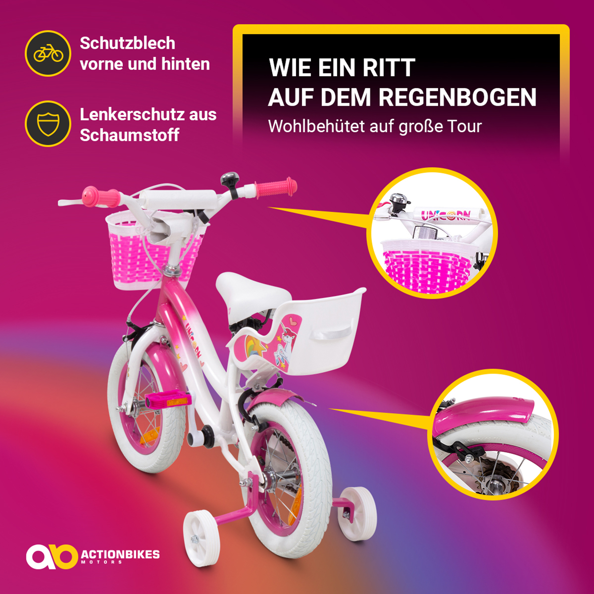 Kinderfahrrad Unicorn 12 Zoll, Pink, Einhorn-Design, Puppensitz, Stützräder, Fahrradkorb – Bild 11