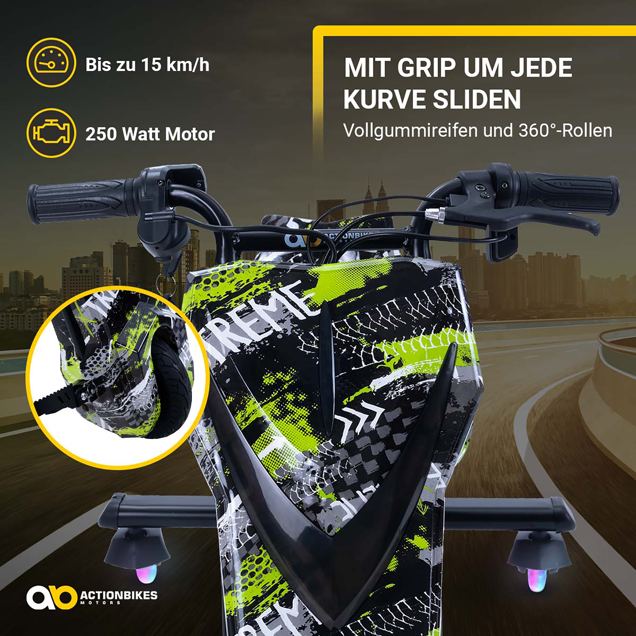 Elektro-Drift-Trike für Kinder, Drift-Scooter 2.0, bis zu 15km/h, drosselbar, Hupe, LED-Driftrollen – Bild 7